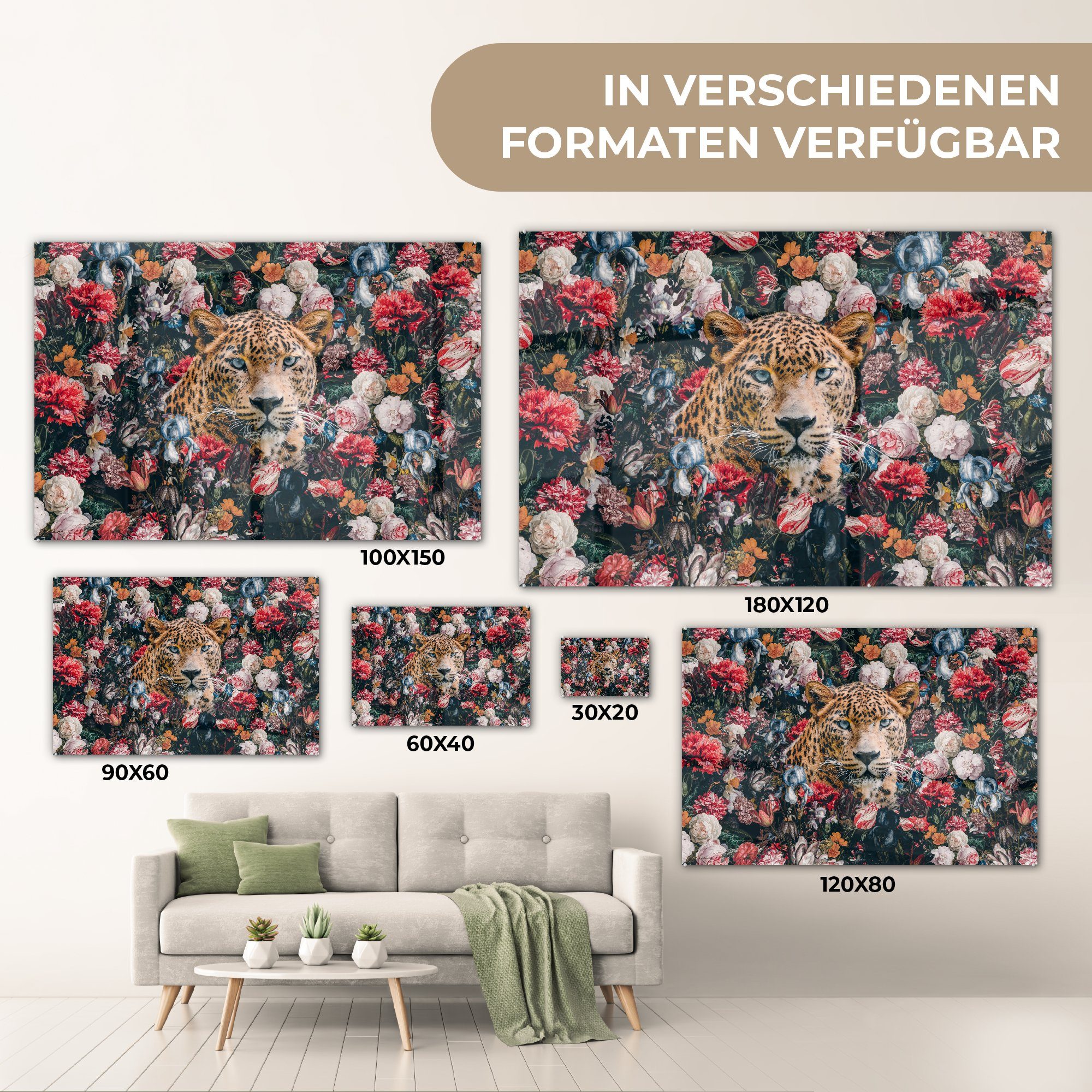 Glasbilder Bilder Leopard Tiere, - Wanddekoration Foto St), - auf (1 MuchoWow Glas Blumen - - Glas Acrylglasbild auf - Wandbild