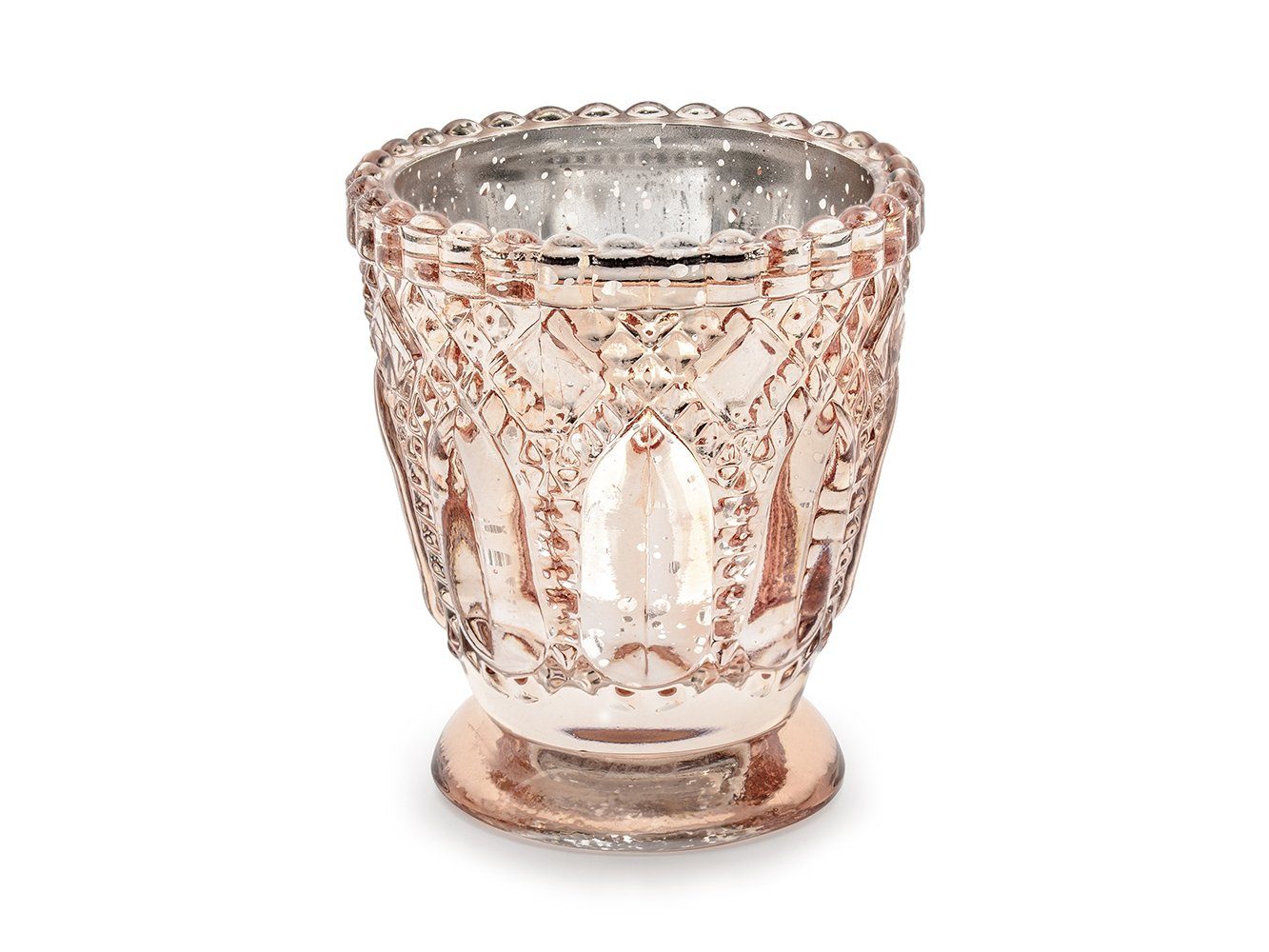 partydeco Kerzenhalter, Teelichtgläser Kelch geprägte Ornamenten 7x8cm rosegold 4er Set