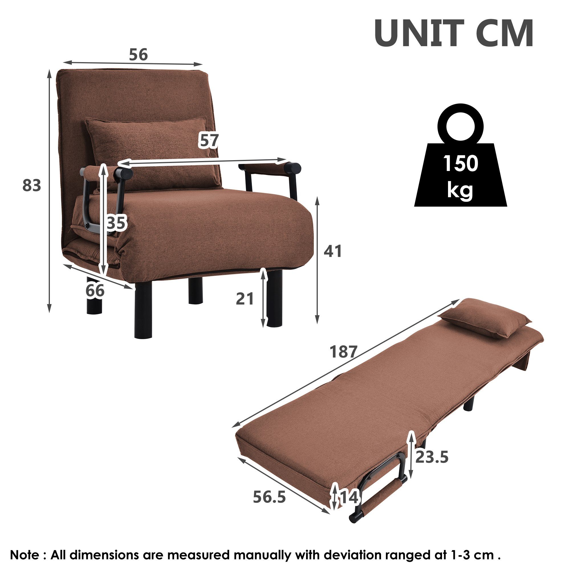 Daybett (Relaxsessel Sessel mit Schlaffunktion und Liegefunktion), Schlafsessel mit Armlehnen und Kissen, abnehmbarer Bezug aus Leinen