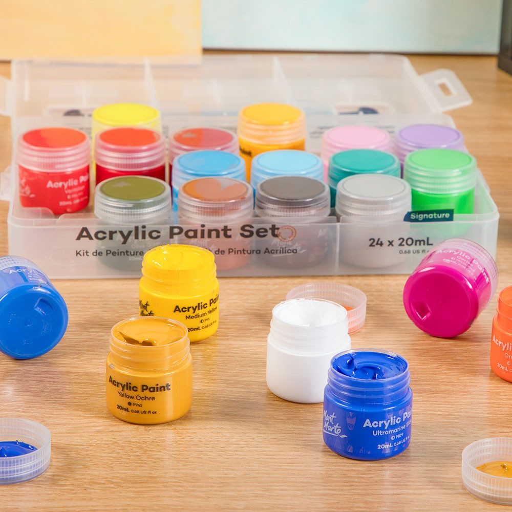 Mont Marte Acrylfarbe Acrylfarben Set, wählbar: 12 oder 24 Döschen je 20 ml, Hohe Deckkraft, schnell trocknend, ideal für kreative Malprojekte