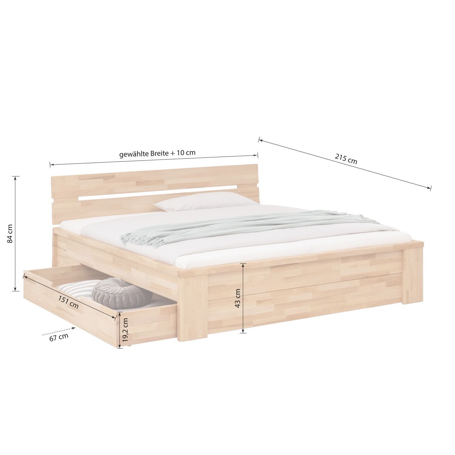HOMELIV. Bettgestell HOMELIV. Bett Tamira 160x200 cm Kernbuche Massivholz mit Schubkasten