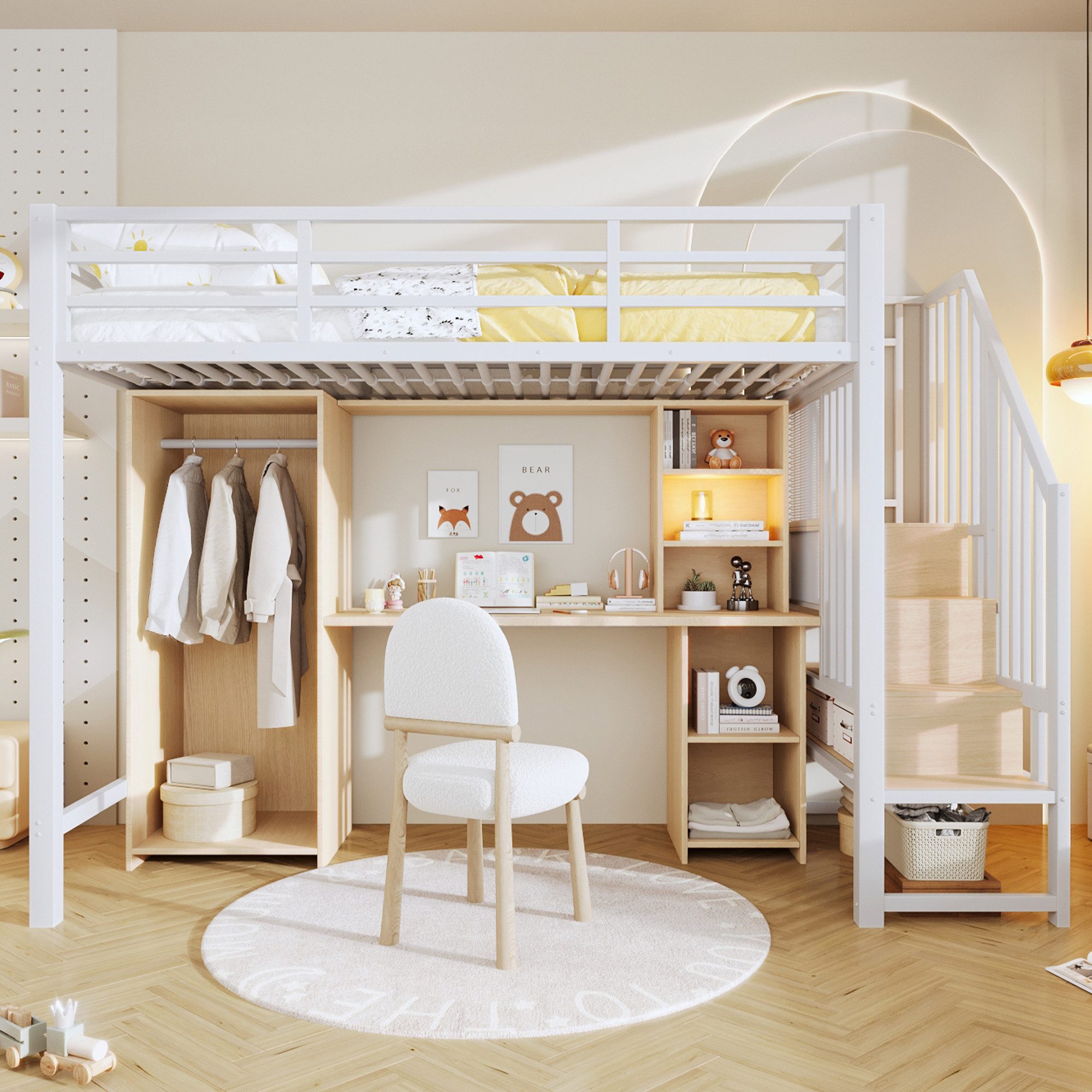 OKWISH Hochbett Metallbett Jugendbett (mit Schreibtisch, Kleiderschrank und Treppenkonstruktion mit Stauraum, 90x200 cm) ohne Matratze