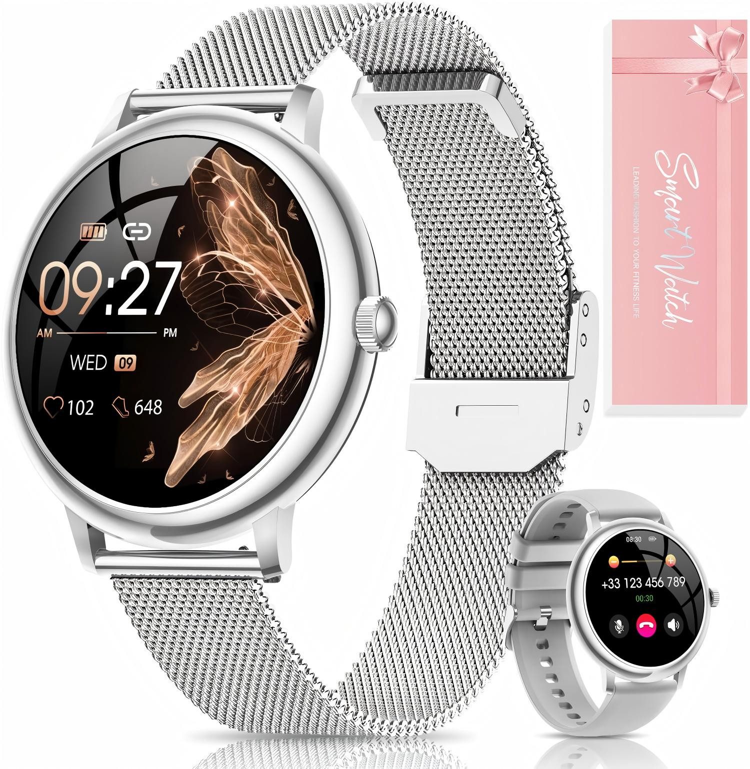 BANLVS 2025 Neue Smartwatch Damen Rund mit Telefonfunktion Fitnesstracker Smartwatch (1.19 Zoll) Set, mit Wechselband aus weichem Silikon und Ladekabel, 120+ Sportmodi/Herzfrequenz/SpO2/Schlafmonitor/Menstruationszyklus