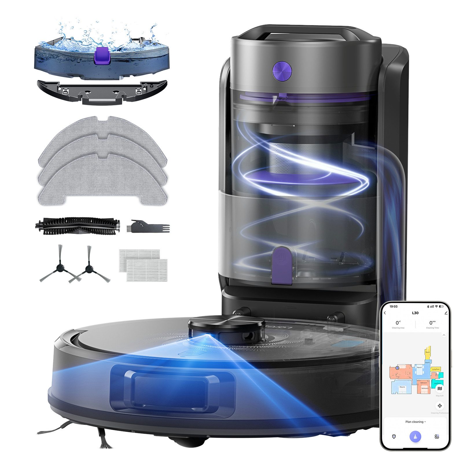 Laresar Saugroboter mit Wischfunktion und Absaugstation L30, 10.000 Pa, LiDAR-Navigation, beutellos, 4-in-1 Reinigung, 180 Min Laufzeit, APP-Bedienbar