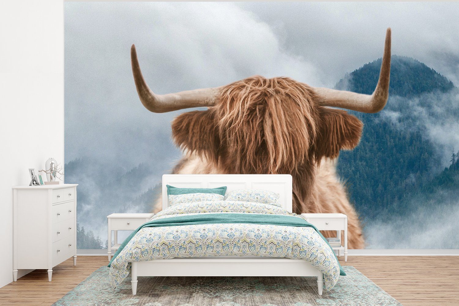 MuchoWow Fototapete Schottische Highlander - Nebel - Berge, Matt, bedruckt, (6 St), Wallpaper für Wohnzimmer, Schlafzimmer, Kinderzimmer, Vinyl Tapete
