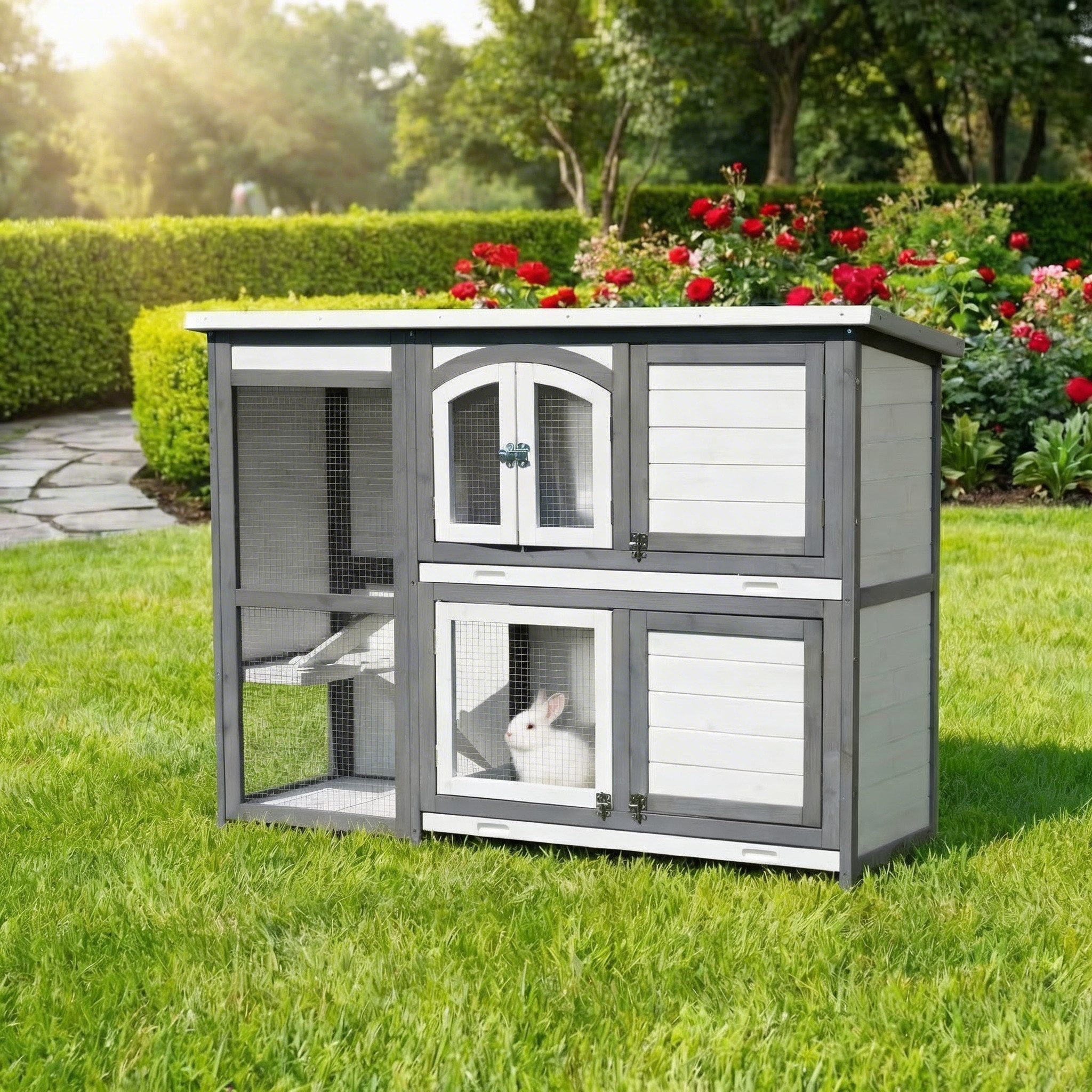 My Animal Kleintierstall XXL Hasenstall MH-02, 2 Etagen, Wetterbeständig, Doppelstockhaus - 4 Türen - aufklappbares Dach - Kaninchenstall Käfig
