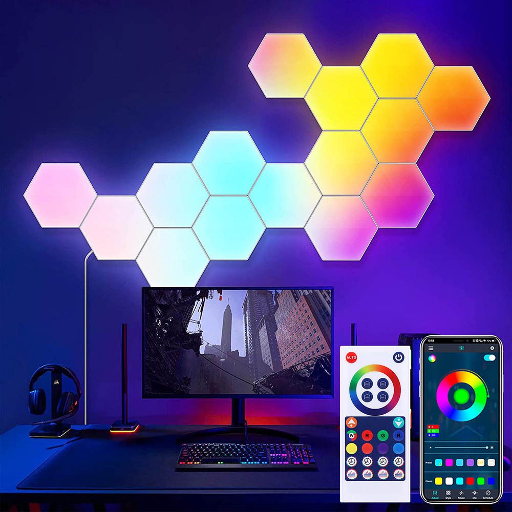 Lapamax LED Wandleuchte Modulare RGBIC LED-Wandpaneele mit Bluetooth-App und Musikmodus, Farbwechsel, dimmbar, Musiksynchronisation und Timer, LED, RGBIC, mehrfarbig, Sechseckige Lichtmodule frei kombinierbar, mit Fernbedienung und USB