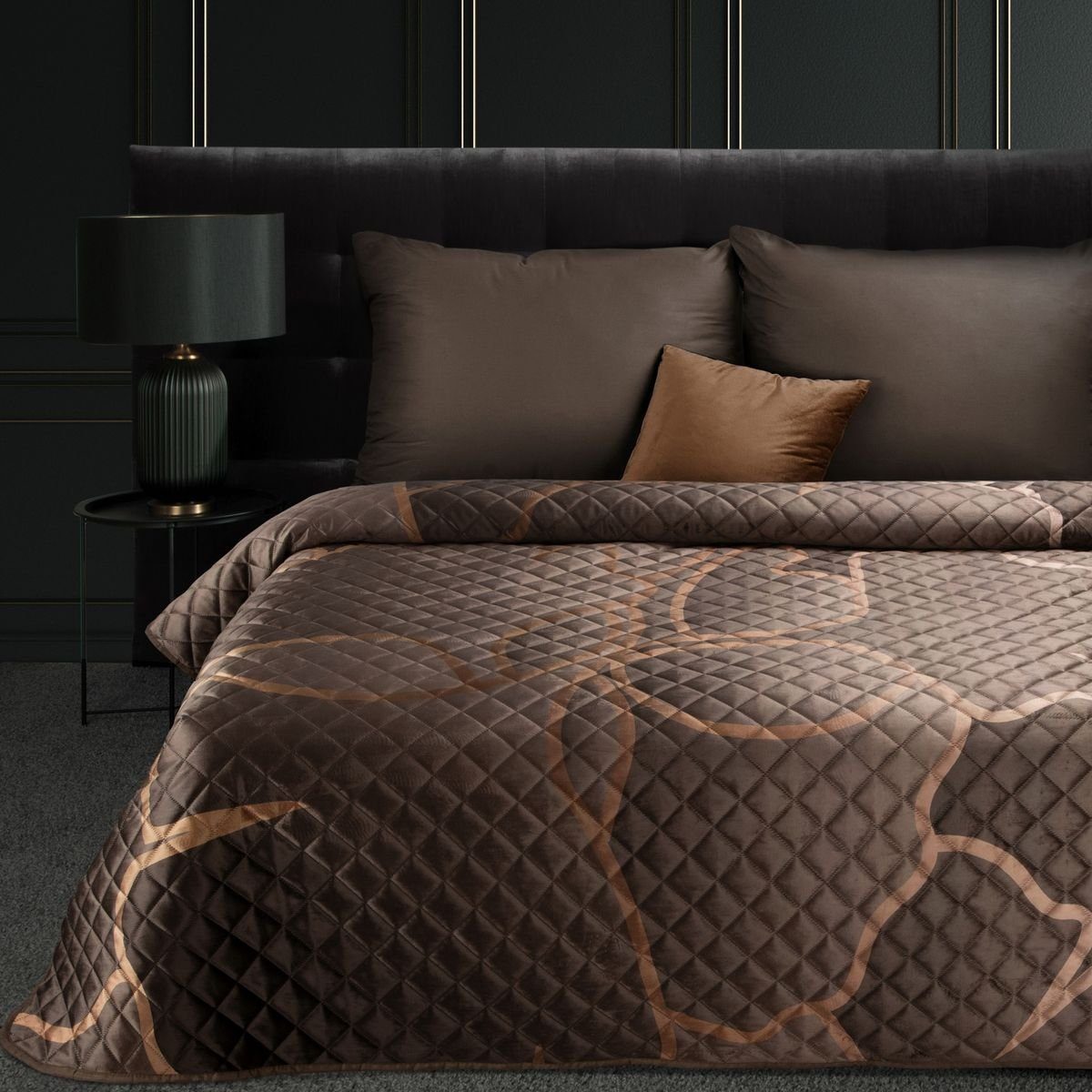 Tagesdecke Bettüberwurf aus Samt mit Blättermuster, Eurofirany, Samt, größe  170x210, Farbe Braun Beige