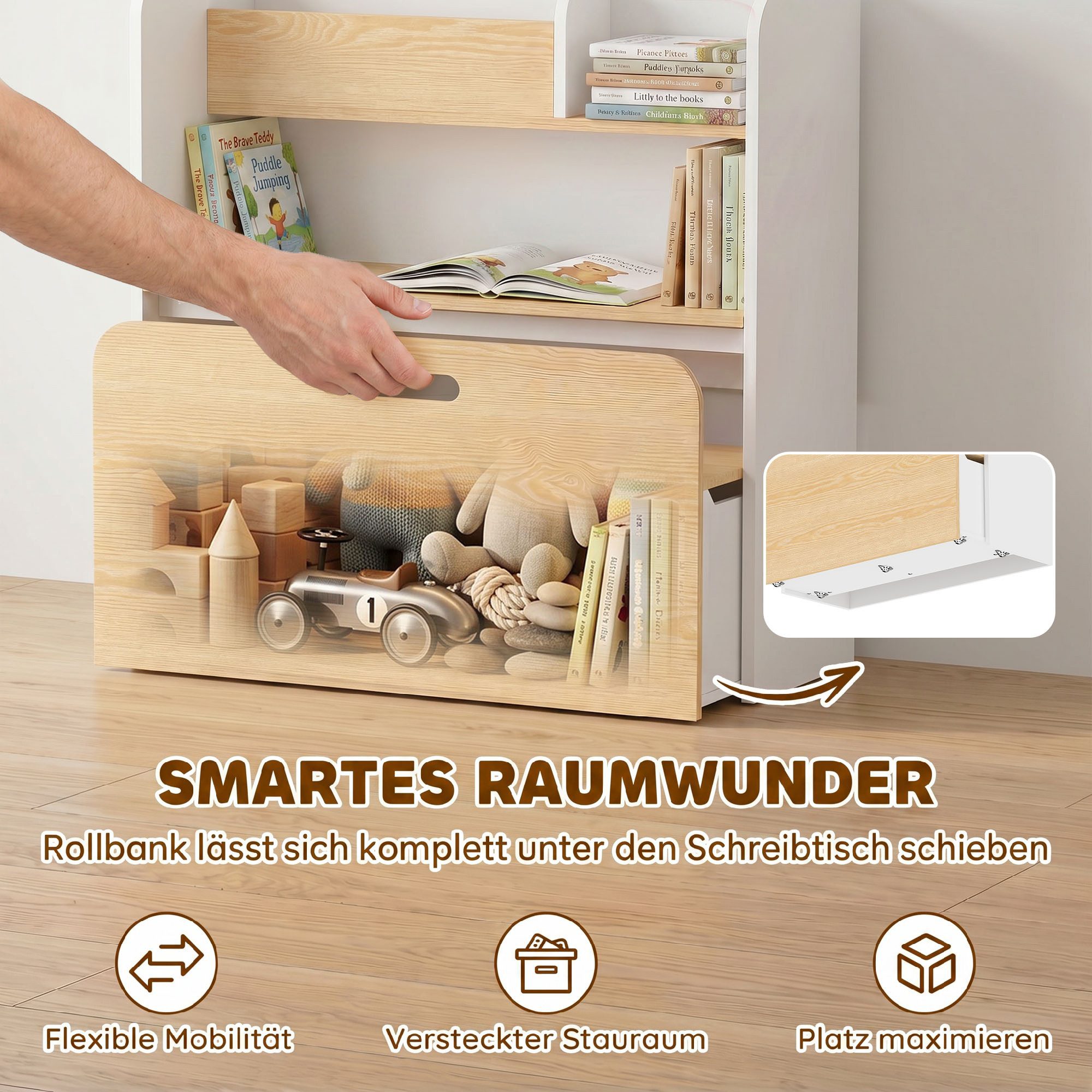 AIYAPLAY Kindersitzgruppe Kindertisch mit Sitzbank 5-in-1 mit Bücherregal rollbar Truhebank, (Kinder Tisch Stuhl Set, 2-tlg., Kindermöbel), für Kinderzimmer, fü – Bild 5 von 5