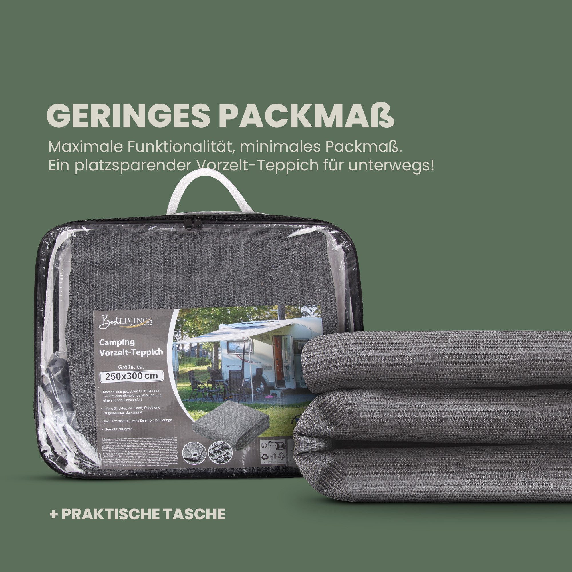 Bestlivings Outdoorteppich Garten / Camping Teppich, Vorzeltteppich, Camping Matte mit Ösen inkl. 12 Kunststoff Heringe