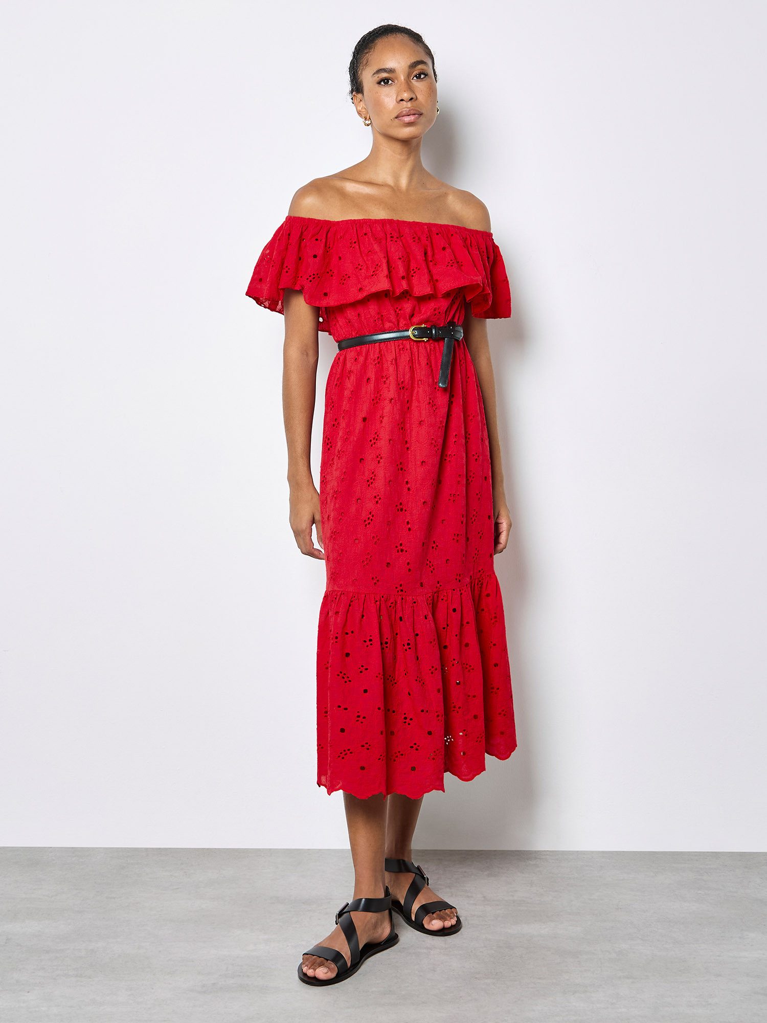Apricot Maxikleid Maxikleid mit Bardot-Ausschnitt und Stickerei Stickerei