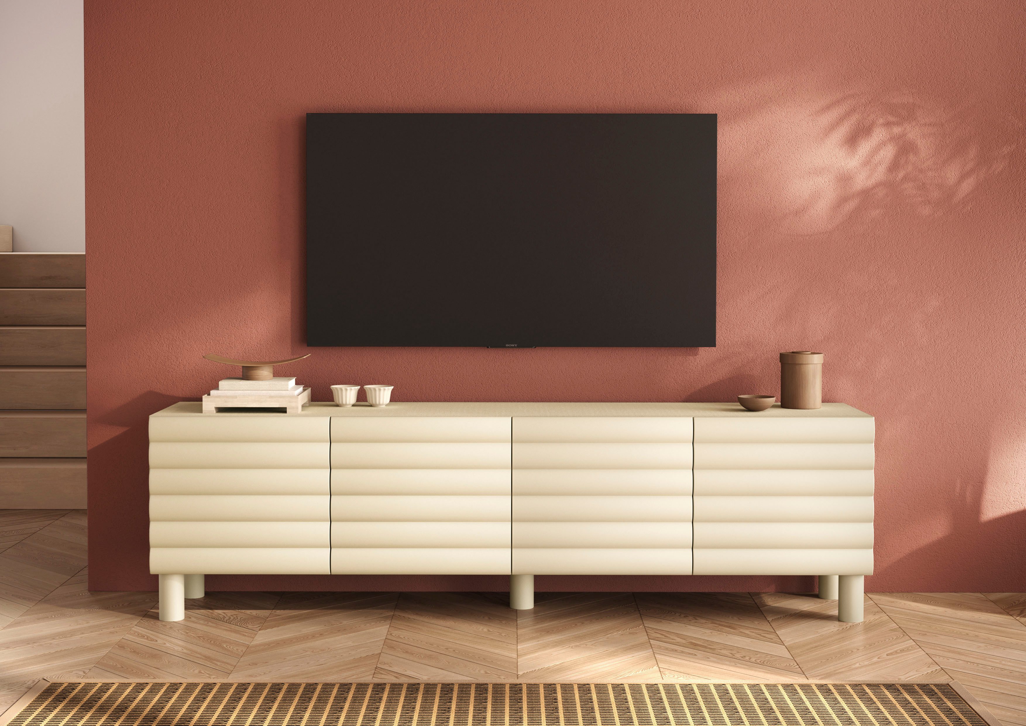 OTTO home Lowboard Adria, 202 cm breit, 4 Türen, Mediaboard, TV-Schrank, TV-Board, Korpus Talco Spatolato, MDF-Fronten in 3D-Design, viel Stauraum