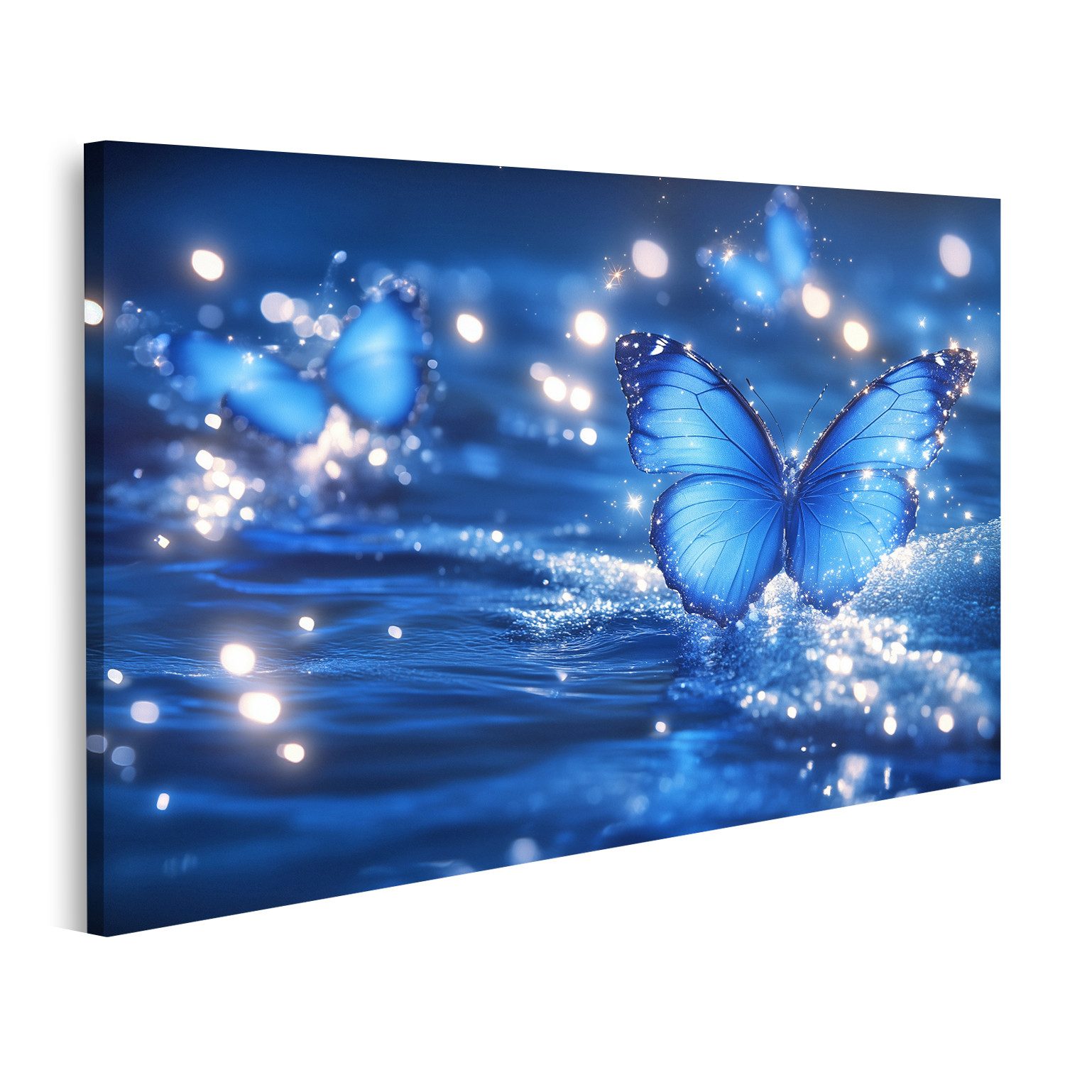 Leinwandbild Schimmernde blaue Schmetterlinge fliegen über glitzerndes Wasser