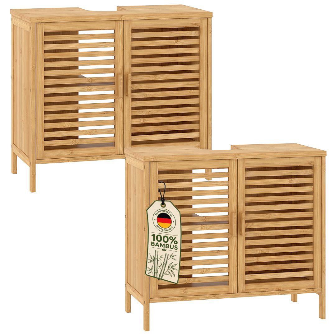 Bellamio Waschbeckenunterschrank Newa, Badezimmerschrank mit zwei Ablagefächern (Spar-Set, 2-St) aus natürlichem Bambus, robst und langlebig