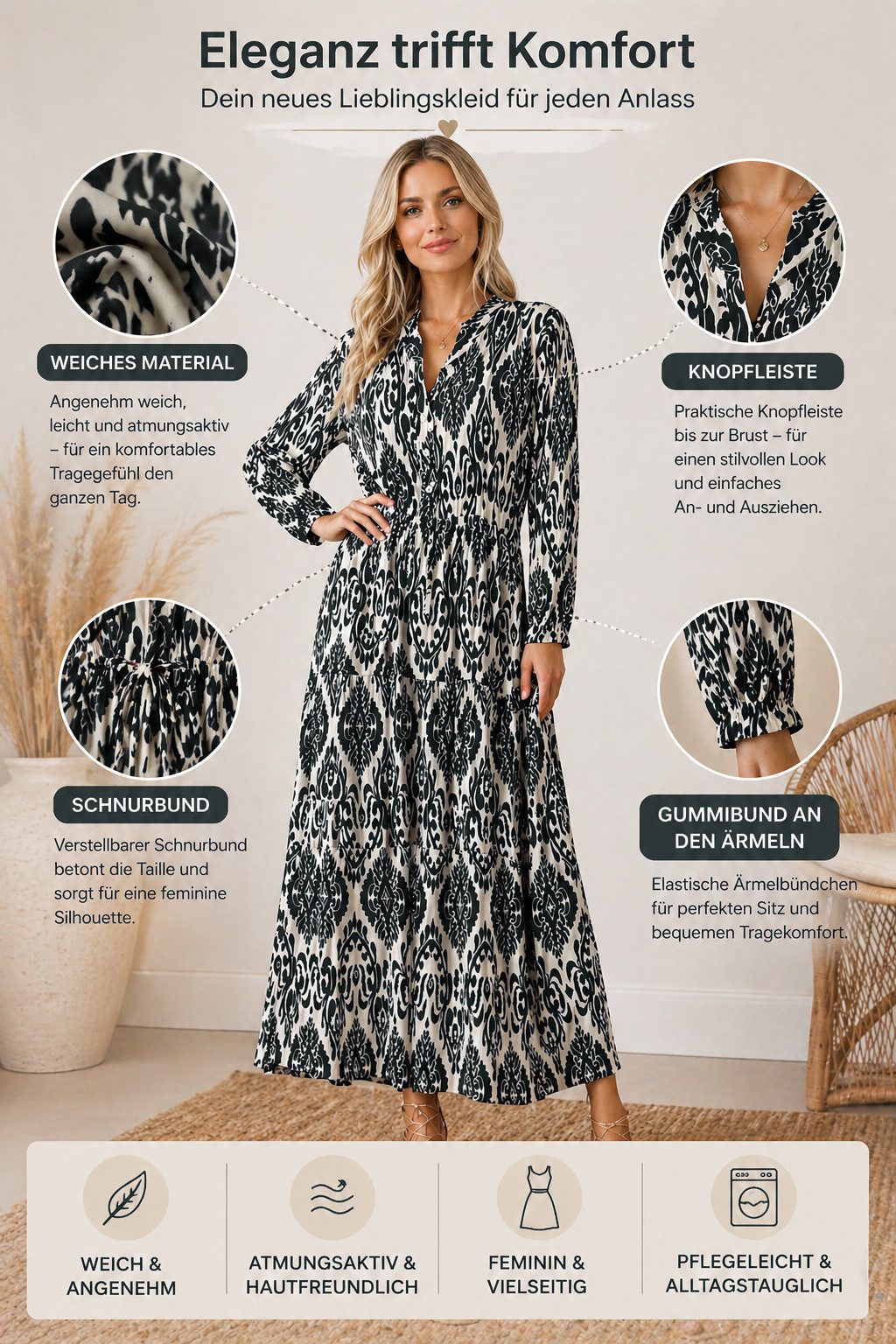 Kendindza Collection Maxikleid Sommerkleid Damen Lang Viskose Elegantes Sommer Kleid lang Maxi Kleid Ikat-Print Knopfleiste & Schnurbund, Luftig Leicht