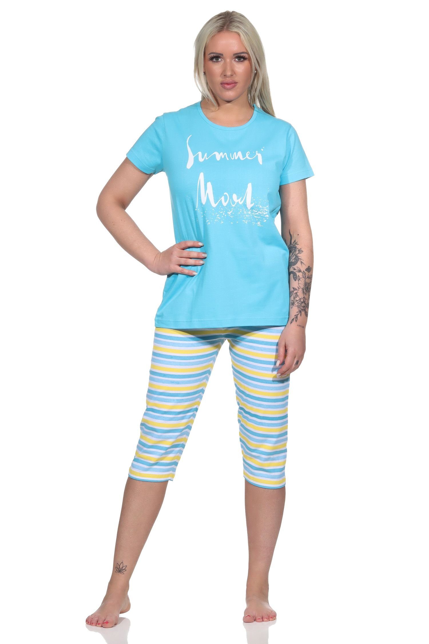 Hose geringelt kurzarm Damen Schlafanzug, RELAX Capri Pyjama hellblau Sommerlicher Normann Pyjama by