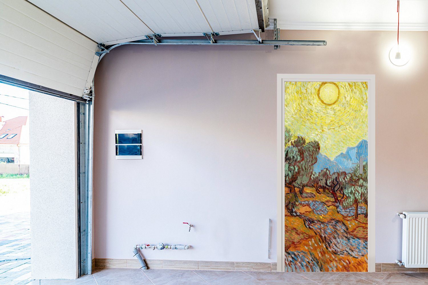Sonne gelbem (1 Gogh, und Olivenbäume Türtapete Himmel bedruckt, - van Matt, cm MuchoWow Fototapete für Tür, St), 75x205 Vincent mit Türaufkleber,