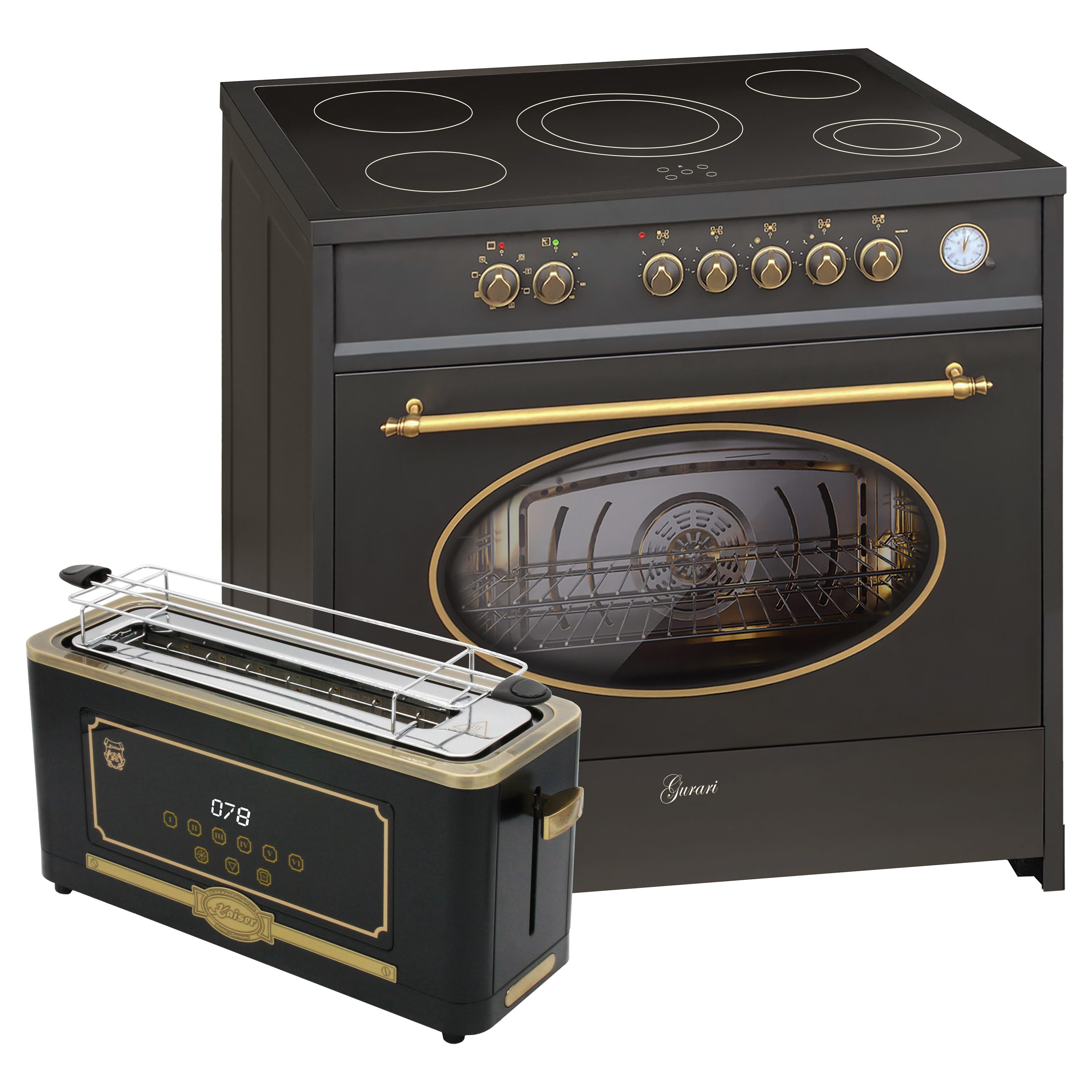 GURARI Elektro-Standherd GCH E 912 BL r+T 4000 Em, mit 1-fach-Teleskopauszug, Retro Elektro Standherd 90 cm/ 121L +Retro-Toaster