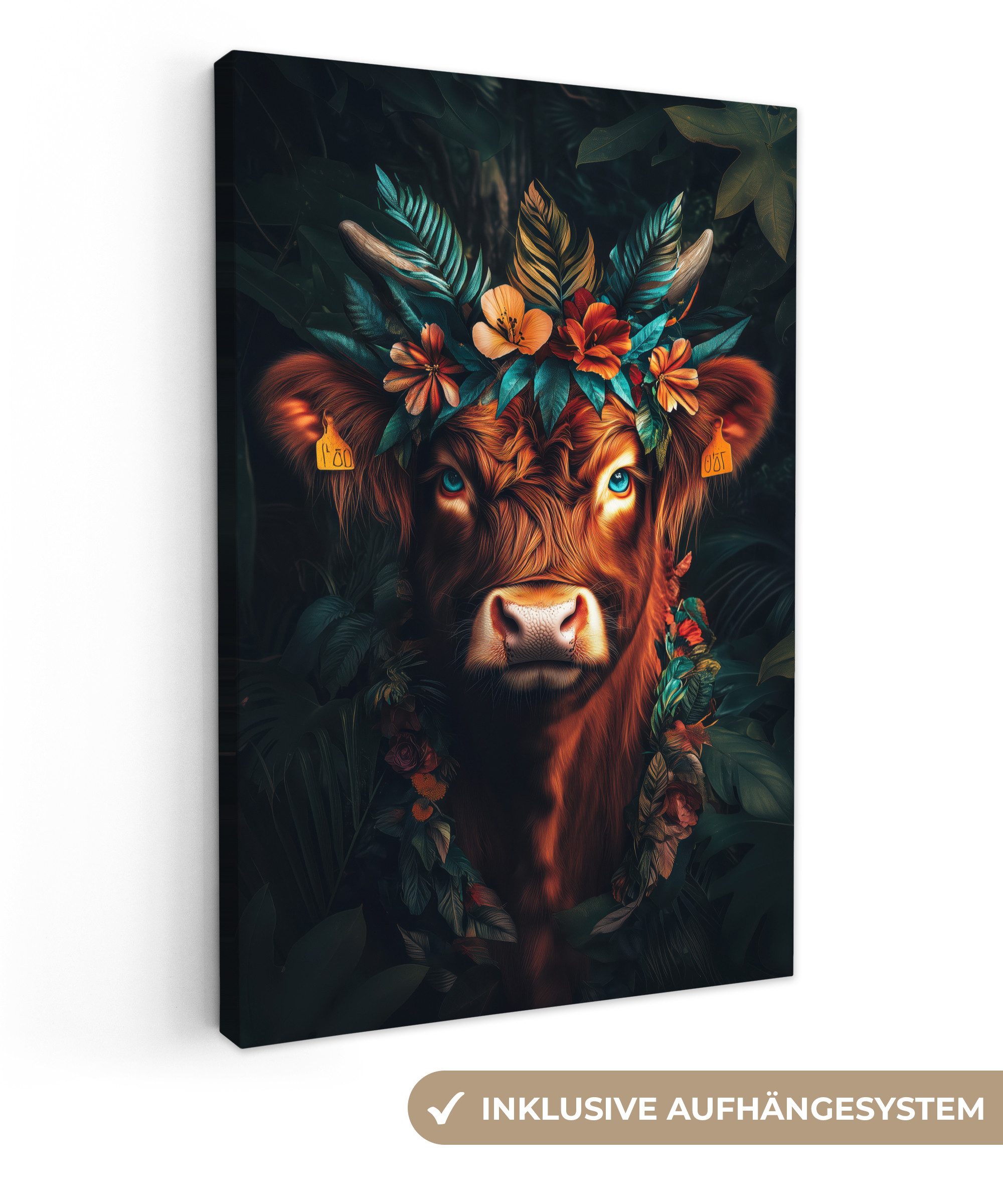 OneMillionCanvasses® Leinwandbild Schottischer Highlander - Blumen - Blätte günstig online kaufen