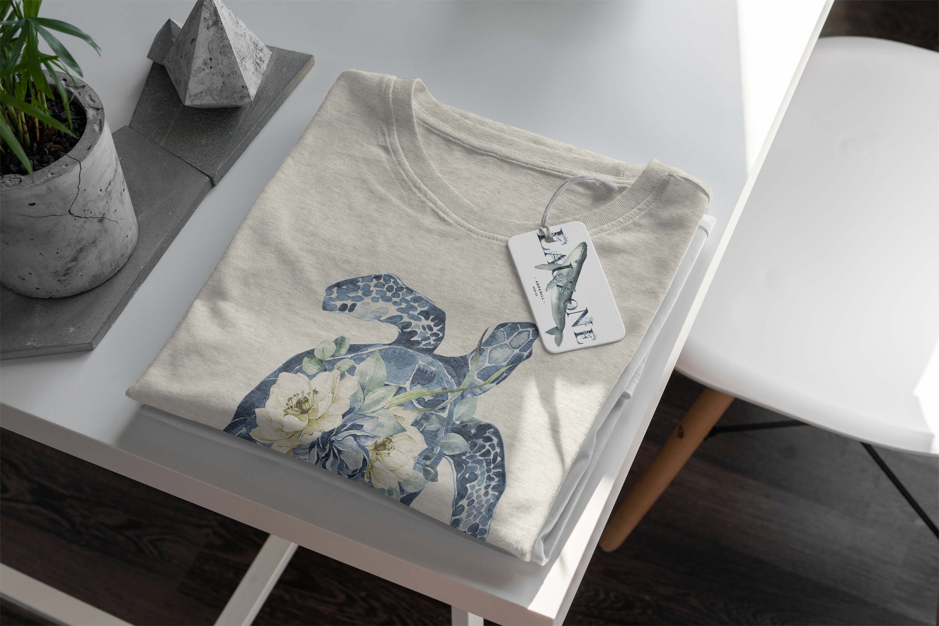 Herren gekämmte T-Shirt (1-tlg) Blumen Motiv 100% Shirt Nachhalti Sinus Wasserfarben Bio-Baumwolle Seeschildkröte Art T-Shirt