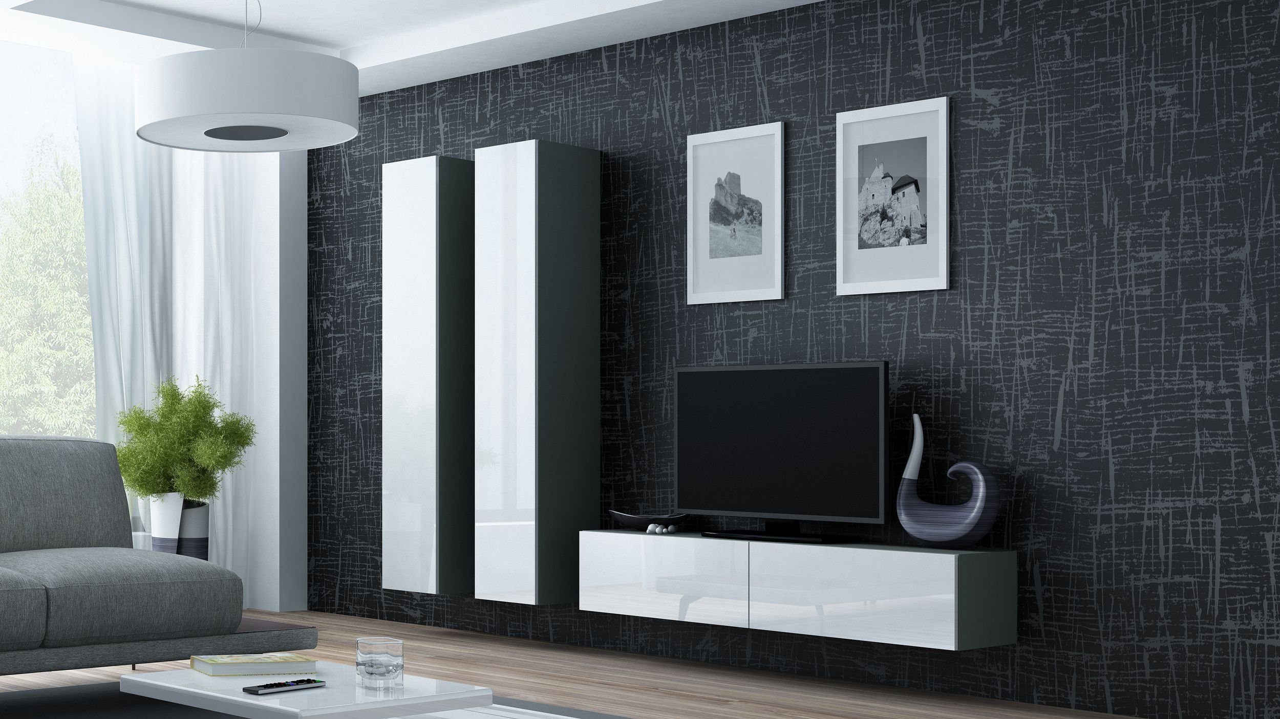 Stylefy Wohnwand Vago IX, (Set (3-St), Wohnmöbel, Wohnzimmer-Set), bestehend aus 1xLowboard und 2xHängeschrank, Hochglanzfronten, mit Push-to-Open, Modern Design Grau Matt - Weiß Hochglanz