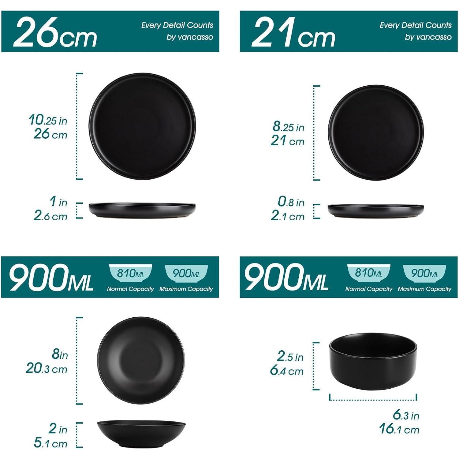 LuxusKollektion Tafelservice Geschirrset 6 Personen Steingut Teller Schalen 24 Teile Set Schwarz