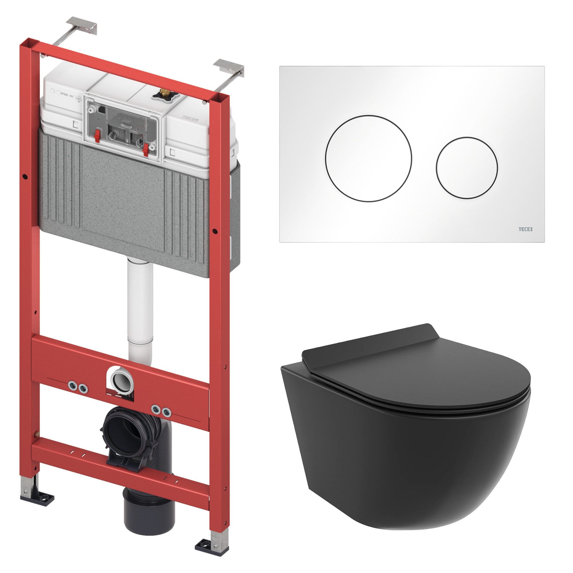 KOLMAN Tiefspül-WC WC SET: Vorwandelement TECE+Toilette Schwarz+Matte+Betätigungsplatte W, in Weiß