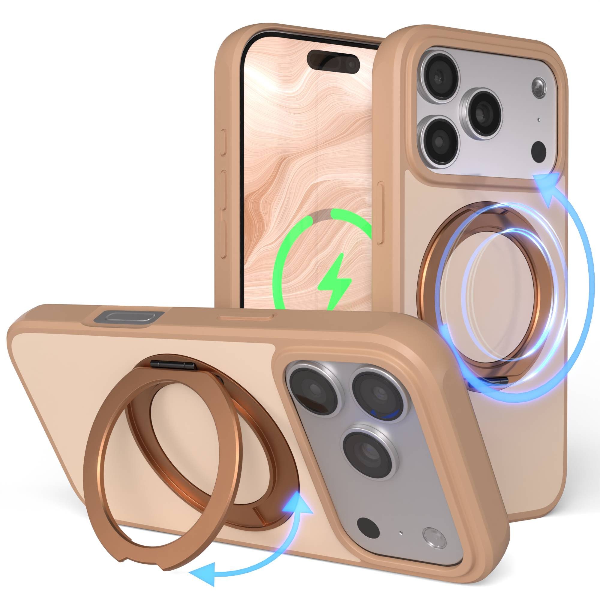 EAZY CASE Handyhülle Outdoor Apple iPhone 17 Pro Case MagSafe Rotation Ring 6,3 Zoll, Outdoor Case mit Ring zum Aufstellen für Videos kratzfest in Braun