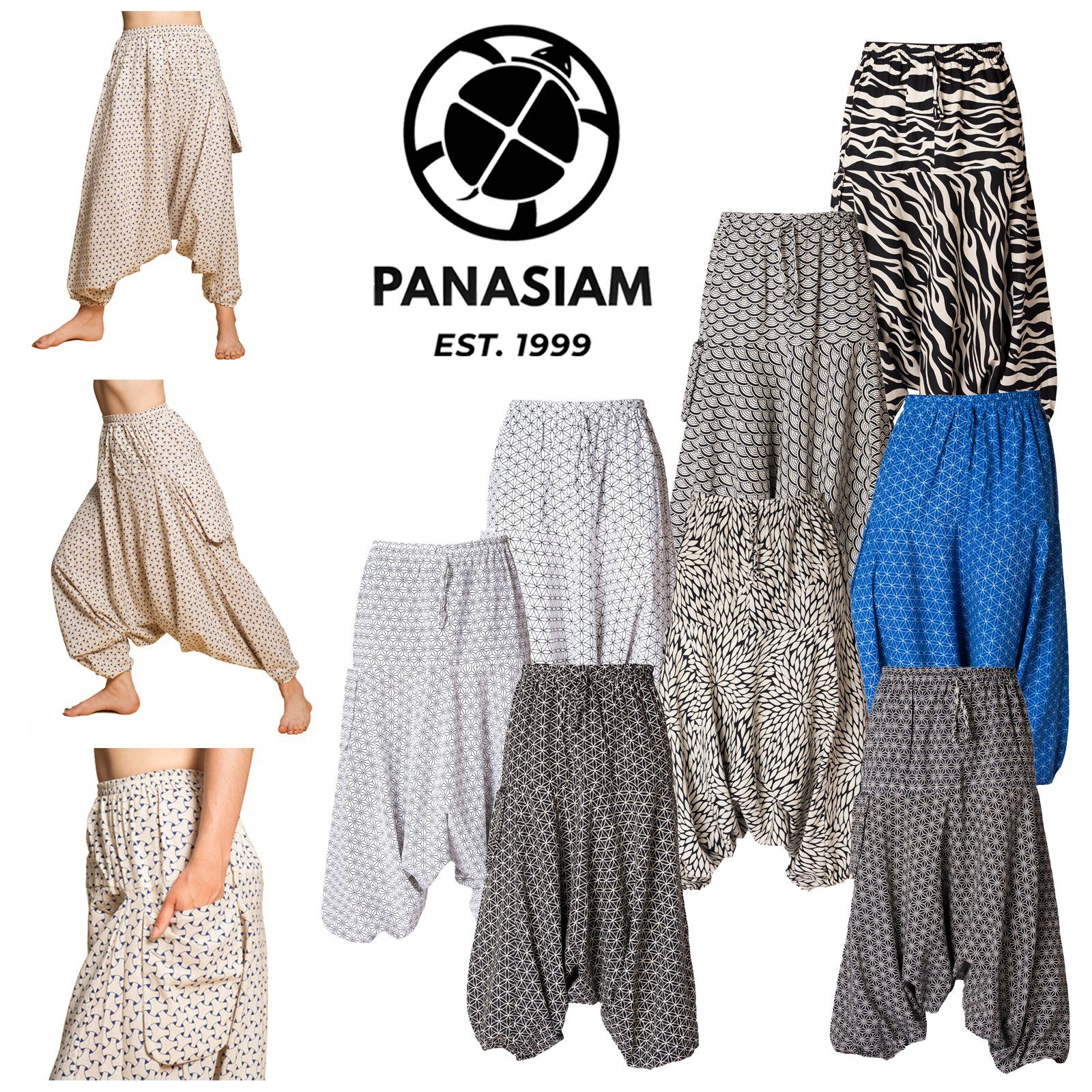 Geometrix PANASIAM mit japanischen bedruckt aus Haremshose gewebter 100% Aladinhose Baumwolle Relaxhose Freizeithose grob bequeme Kikko Mustern Pumphose Damen