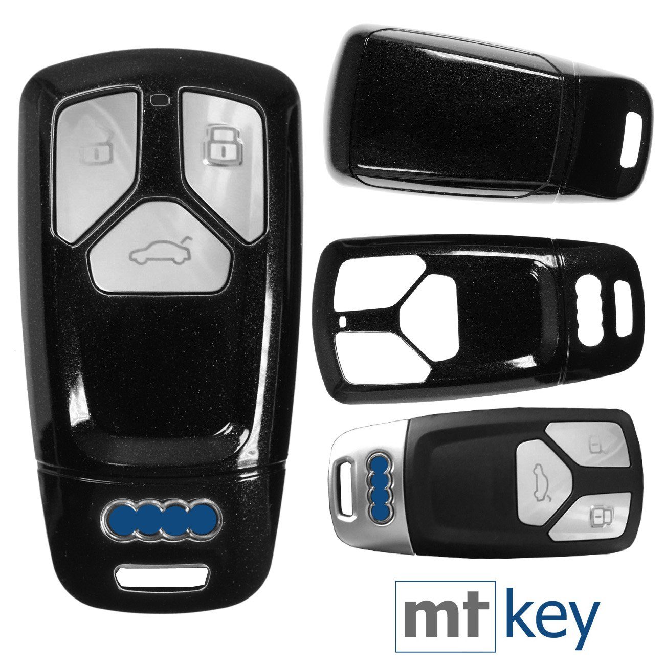 mt-key Schlüsseltasche Autoschlüssel Hardcover Schutzhülle Metallic Schwarz, für Audi A4 A5 A6 A7 TT Q2 Q5 Q7 A8 Q8 KEYLESS SMARTKEY