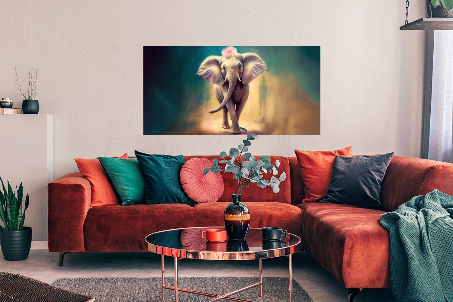 MuchoWow Poster Elefant - Tiere - Malen - Blumen - Porträt - Kinder, (1 St), Bild für Wohnzimmer, Schlafzimmer, Wandposter, Ohne Rahmen, Wanddeko