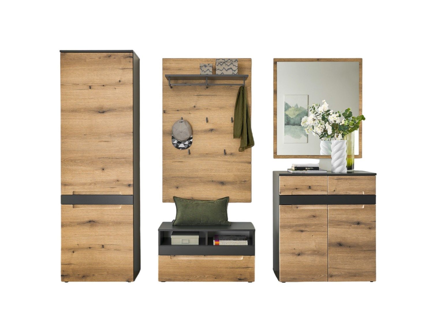 moebel-dich-auf Garderoben-Set TARENT, (Komplett-Set, Garderobenschrank + Paneel + Bank + Spiegel + Schuhkommode), in Anthrazit MDF / Evoke Oak MDF