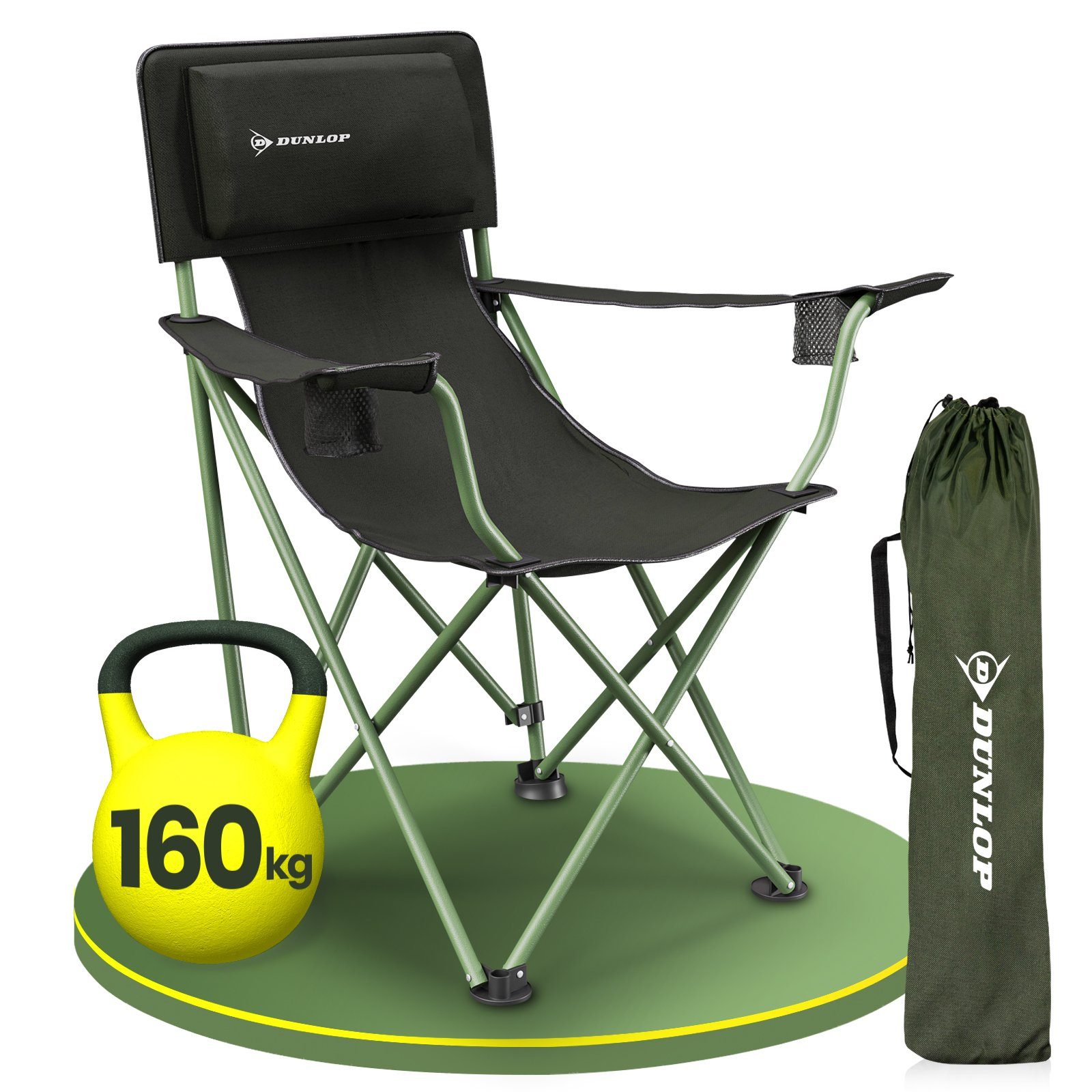 Dunlop Campingstuhl Campingstuhl faltbar XXL, LUXUS Camping Stuhl leicht gepolsterte Kopflehne bis 160 kg