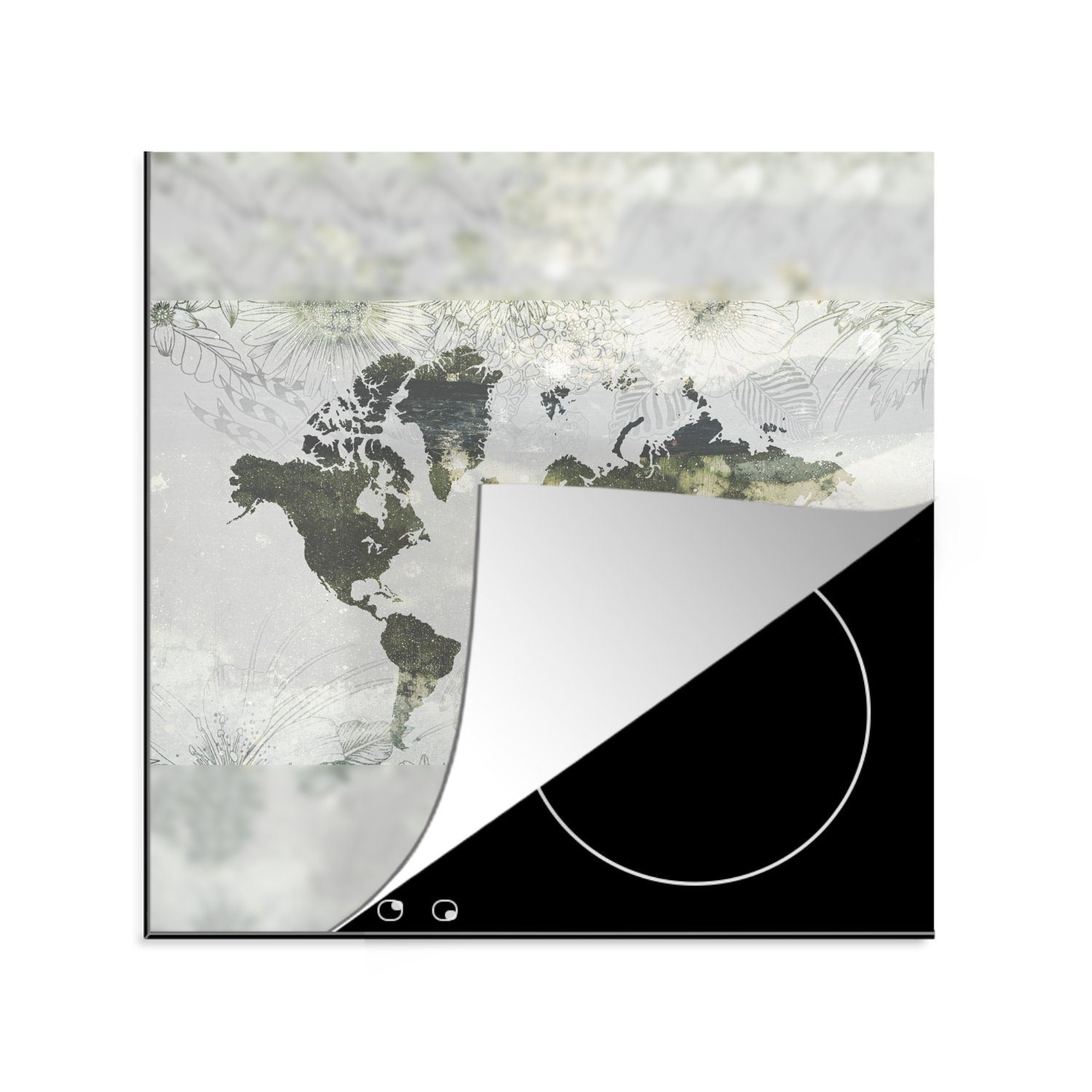 MuchoWow Herdblende-/Abdeckplatte Weltkarte - Blume - Grau, Vinyl, (1 tlg), 78x78 cm, Ceranfeldabdeckung, Arbeitsplatte für küche