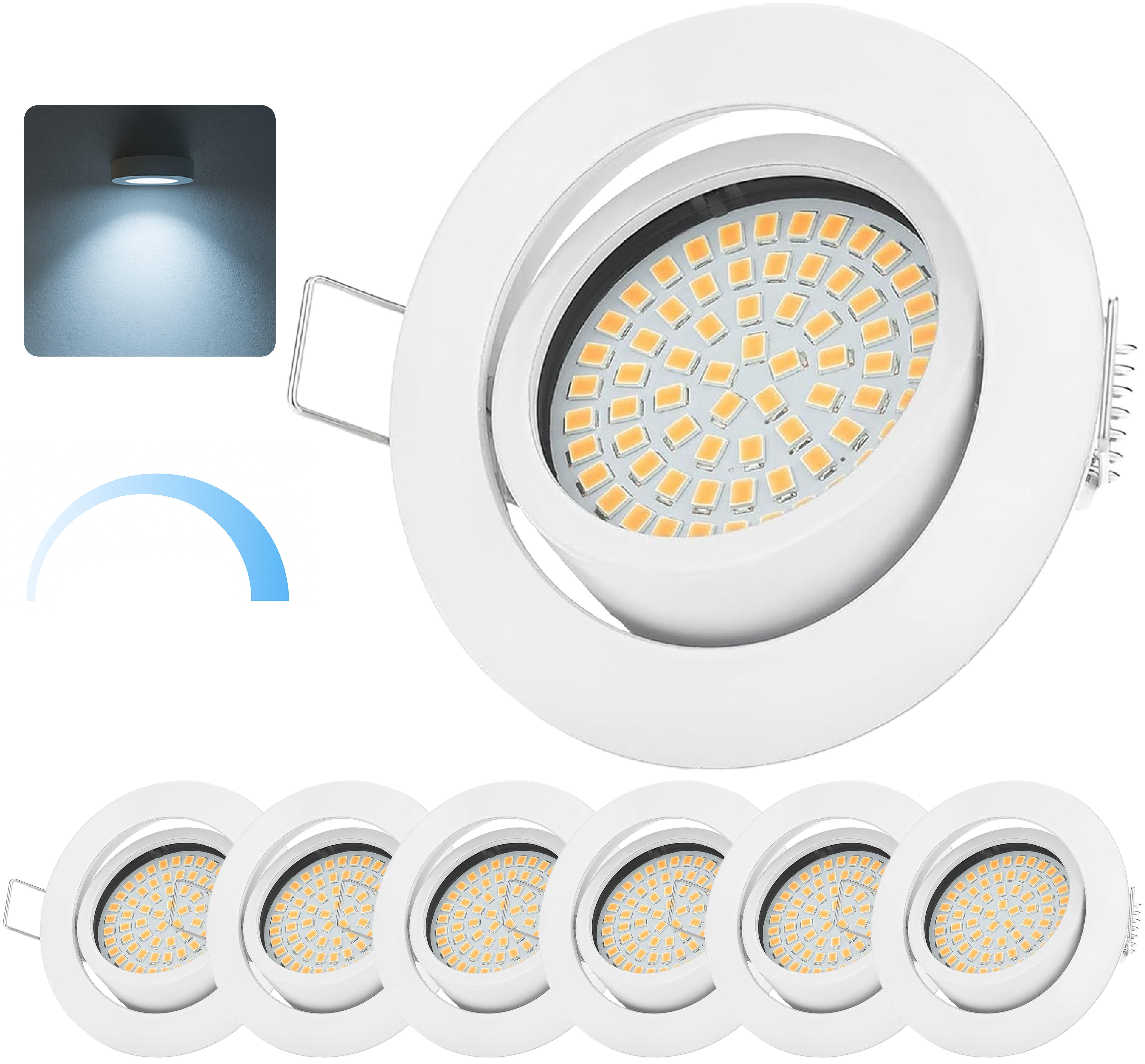 Sweet LED LED Einbaustrahler 6er Set Einbauspots LED Flach dimmbar weiß 5W, Dimmfunktion, LED fest integriert, kaltweiß, 6500K, Deckenspots, Deckenstrahler, Einbauleuchten