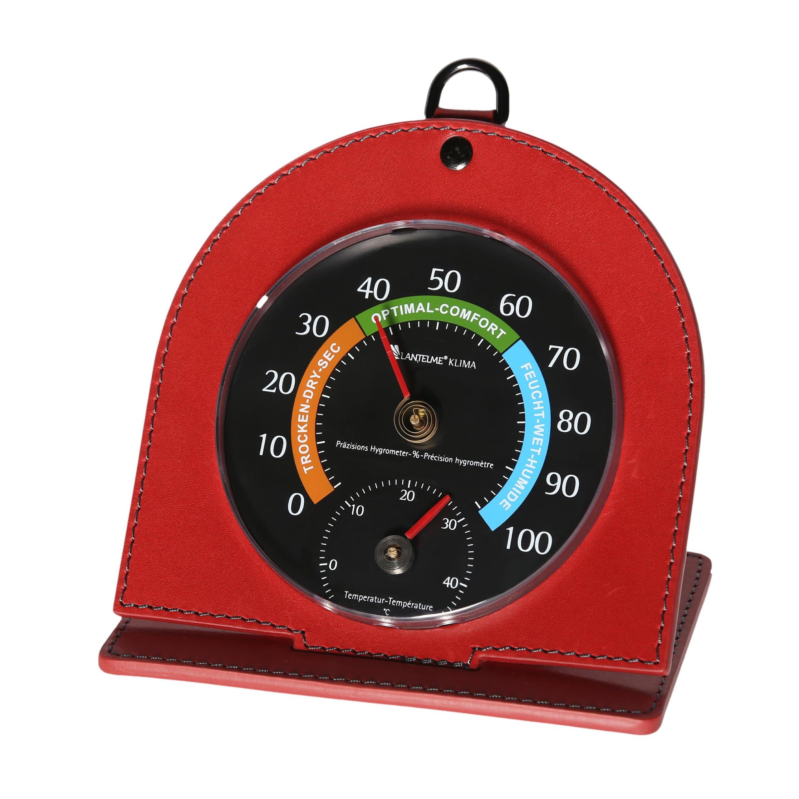 Lantelme Hygrometer Thermometer Kombi in Echtleder Ständer Farbwahl Temperatur Luftfeuchte, (2 Teilig), Lederrahmen 10x10x4cm, Temperatur -5 bis +45°C, Luftfeuchte 0 bis 100%