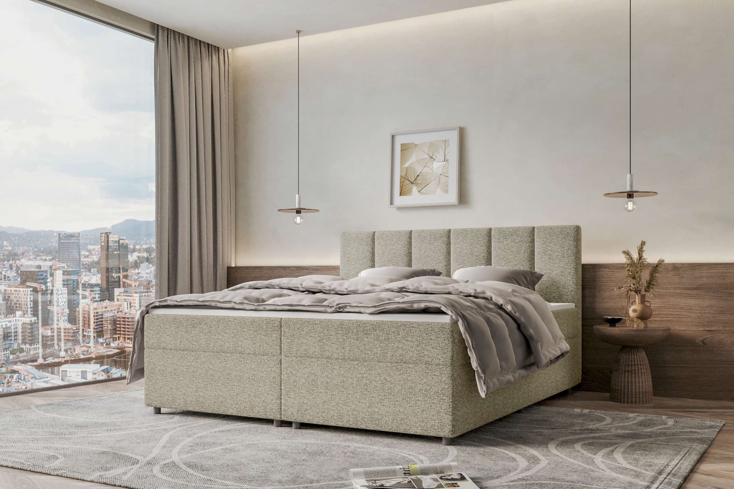 99rooms Boxspringbett Bergamo (Schlafzimmerbett, Bett), 140/160/180/200x200 cm, in Webstoff MALMO_NEW, mit Topper
