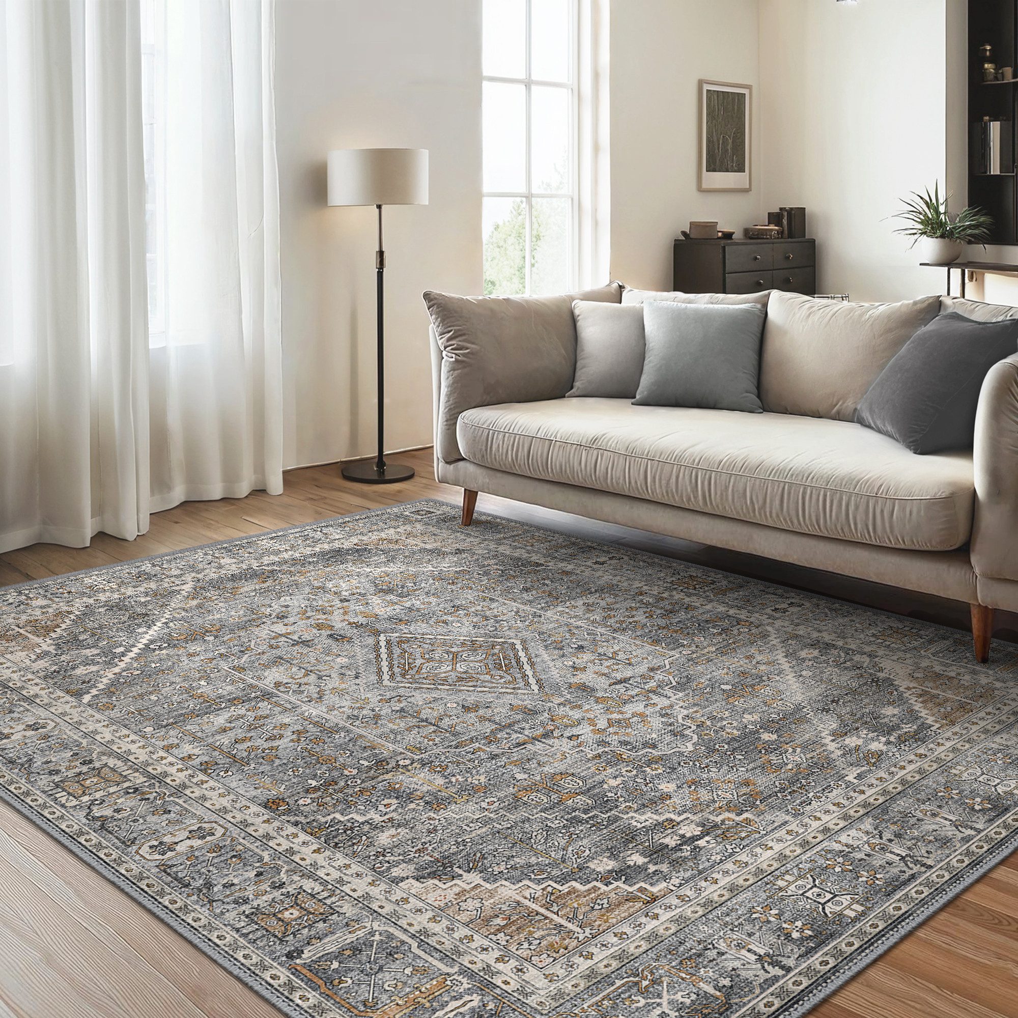 GENIMO Teppich Wohnzimmer Teppich, Boho Vintage, waschbar, rutschfest, Kurzflor, rechteckig, 160x230cm, grau