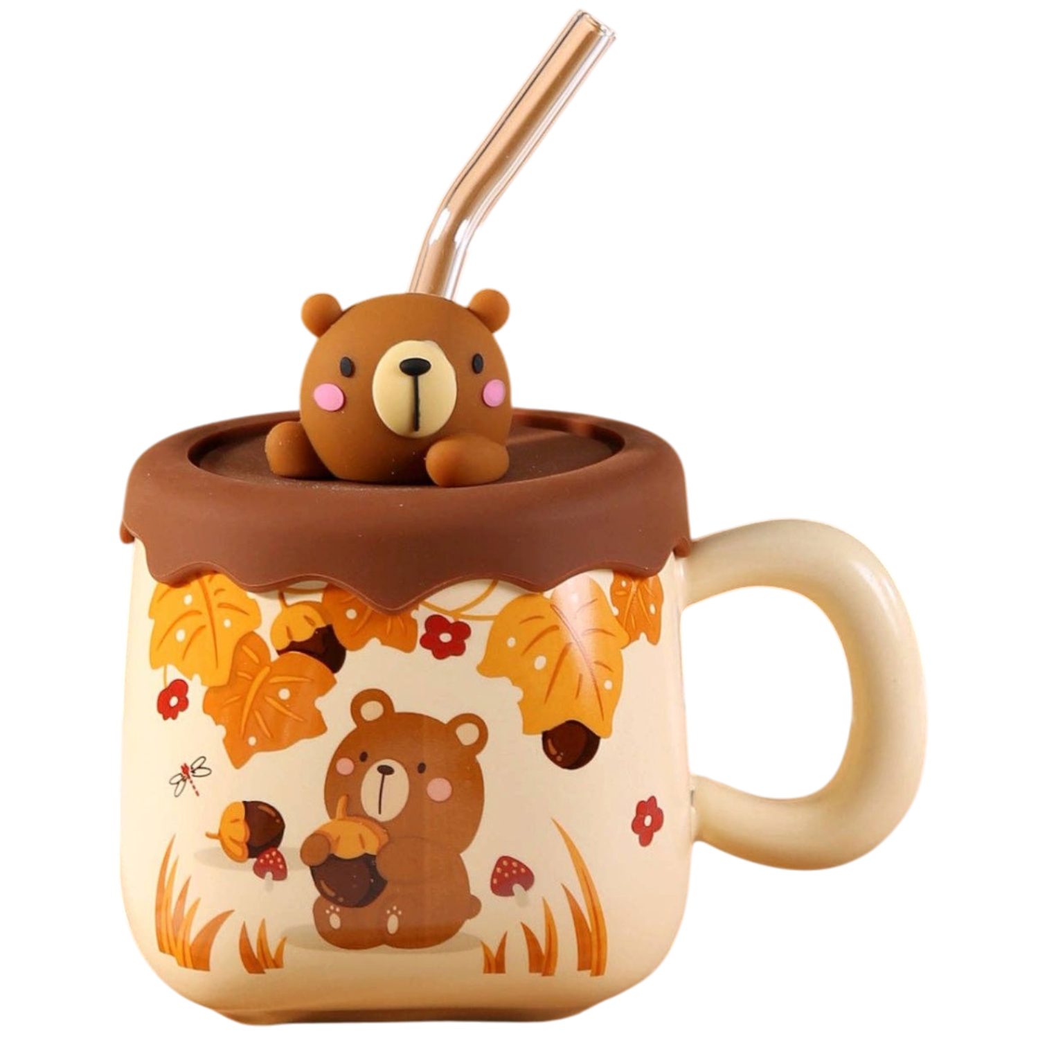 Dark-Desires Tasse Kawaii süßes Bären Tasse mit Deckel & Strohhalm Geschenkidee 385 ml