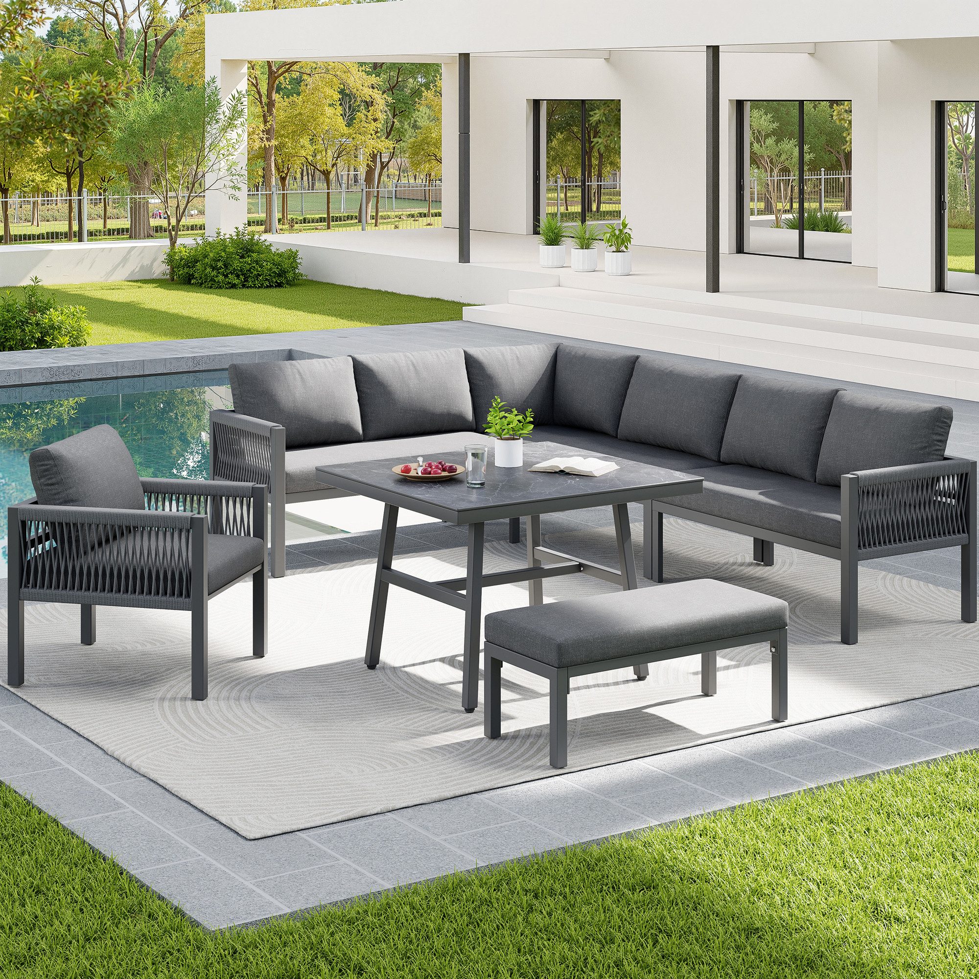 Merax Gartenlounge-Set für 8 Personen in L-Form, Handgeflochtene Gartensofa-Garnitur, (6-tlg), Gartenmöbel mit 3 Sofas, Sessel & Hocker, Tisch mit Glas in Holzoptik