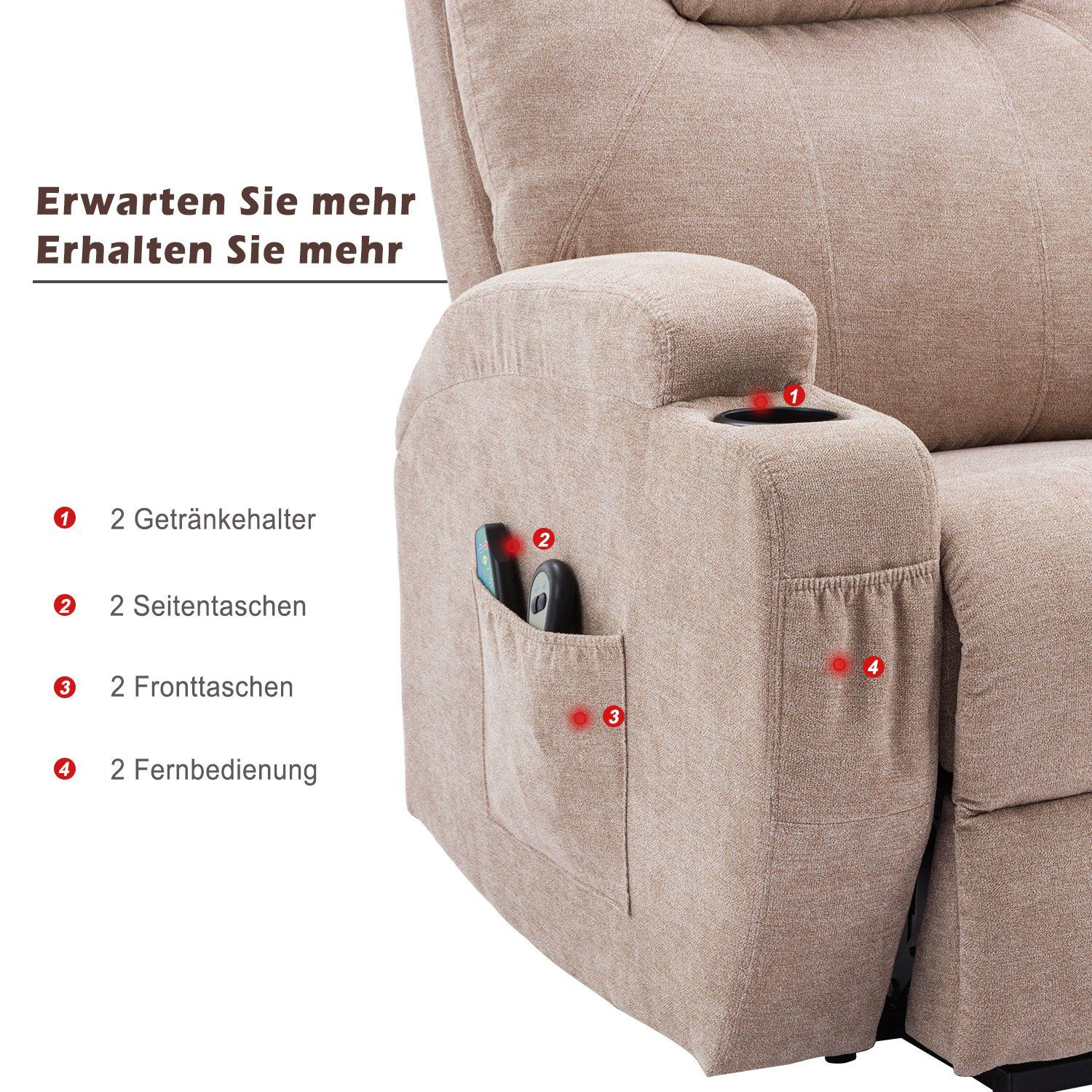 PHOEBE CAT TV-Sessel 130 bis kg Hellbraun Wärmefunktion Aufstehhilfe, Hellbraun Fernsehsessel Vibrationsmassage), (Liegefunktion, zu | Hellbraun | mit belastbar und