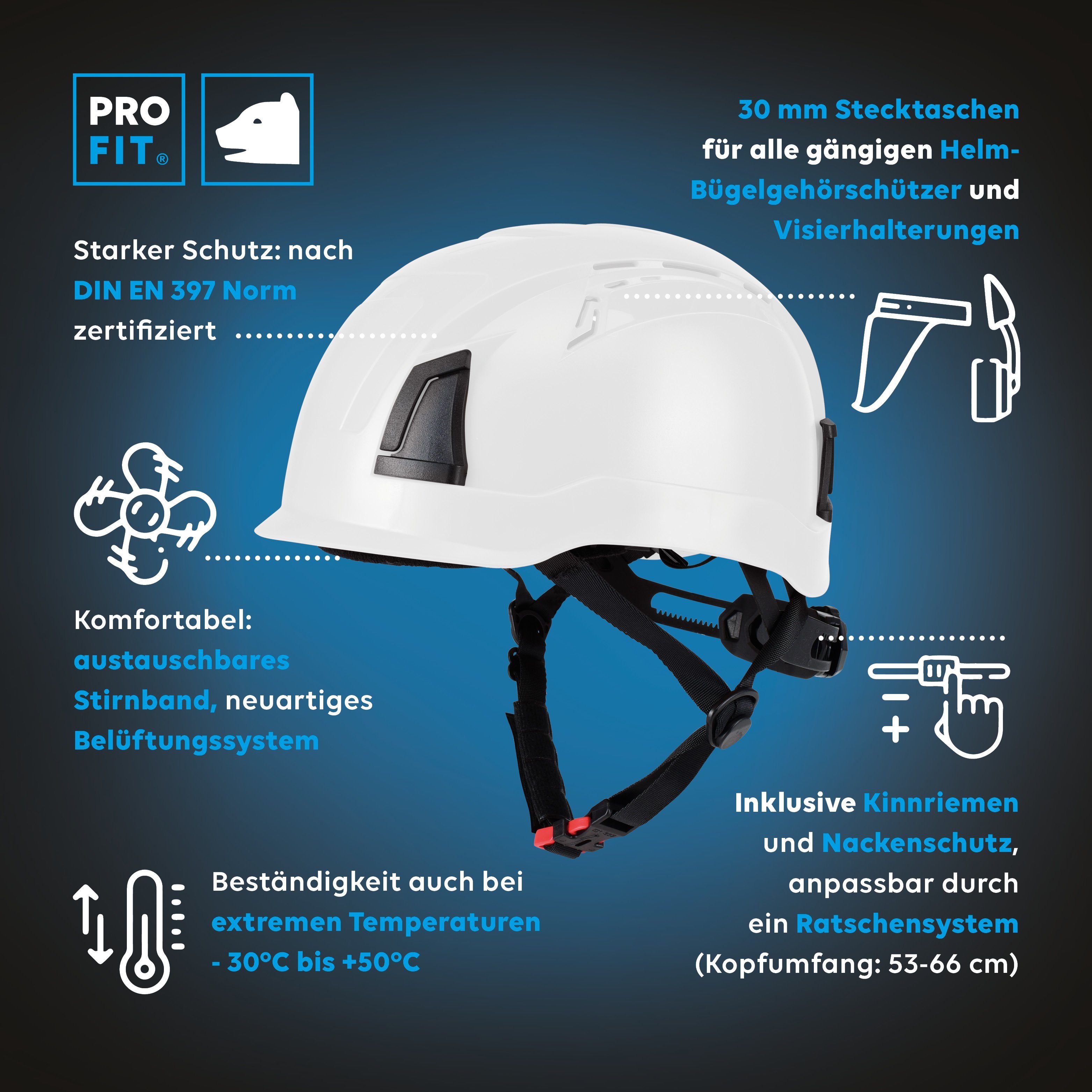 (1, Pro Kinnriemen, hoher Stück), leicht, Weiß modernes Sicherheitshelm FIT by Tragekomfort, Ratschensystem D!-Rock PRO Arbeitsschutzhelm leichter Fitzner moderner Cap