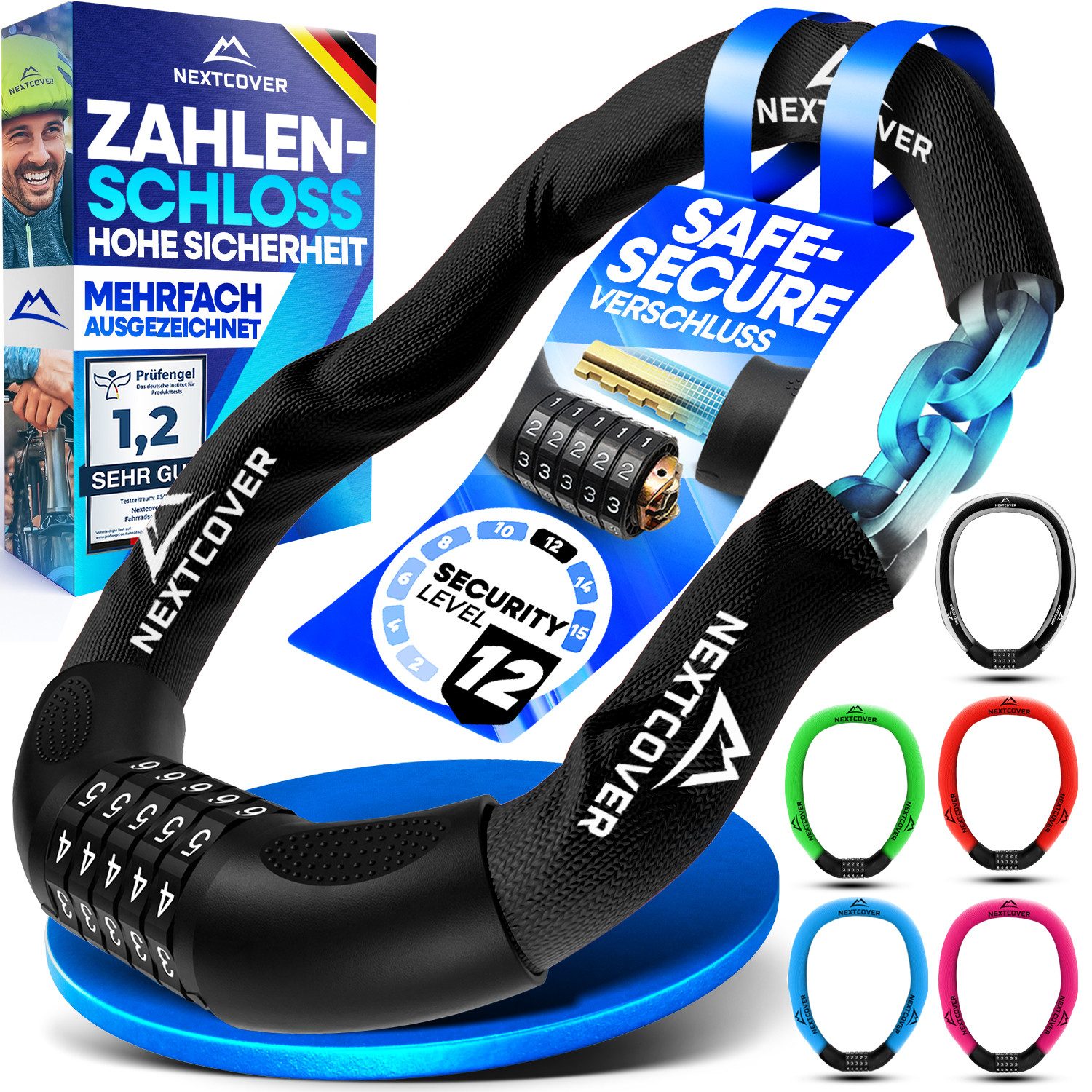 Nextcover Kettenschloss Fahrradschloss mit Zahlencode - Sicherheitsverschluss