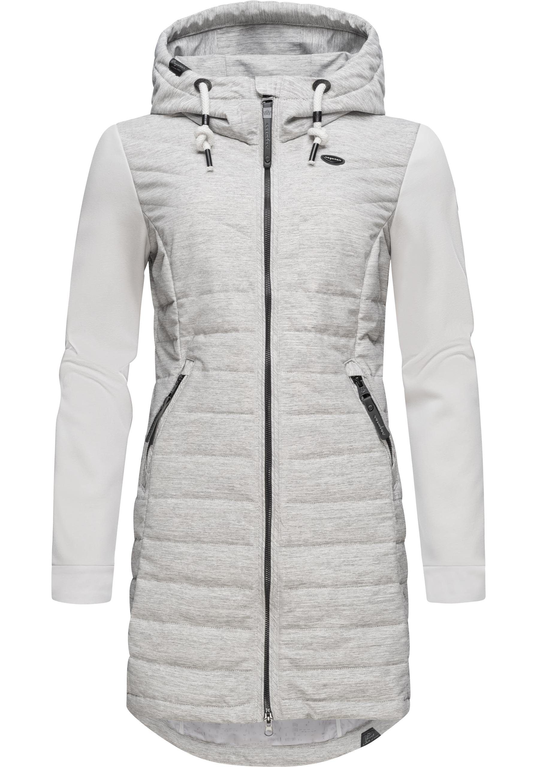 Mantel Ragwear aus mit weiß Kapuze Lucinda Steppmantel Long Materialmix modernem