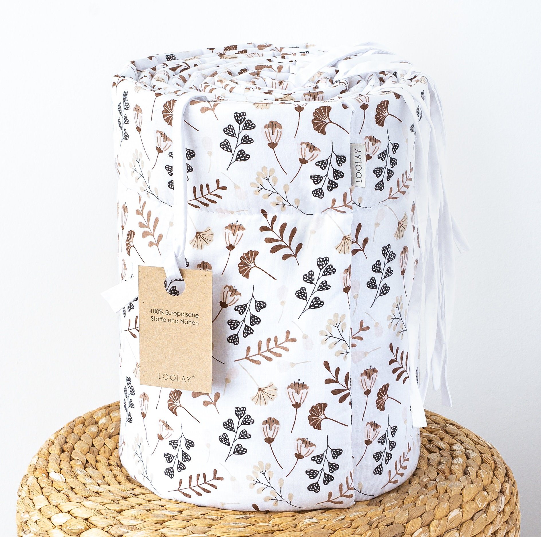 Loolay Bettnestchen PREMIERE! Blumenwiese BRAUN Bettumrandung 420, 360, 210, 180 x 30cm, (Babynestchen Bettsprossen Kopfschutz Babyausstattung Blumen BABYNEST, 100% Baumwolle Babybett Bettschutzgitter Umrandung), 100% Europäische Stoffe und Kleinserien-Nähen! Geschenk!