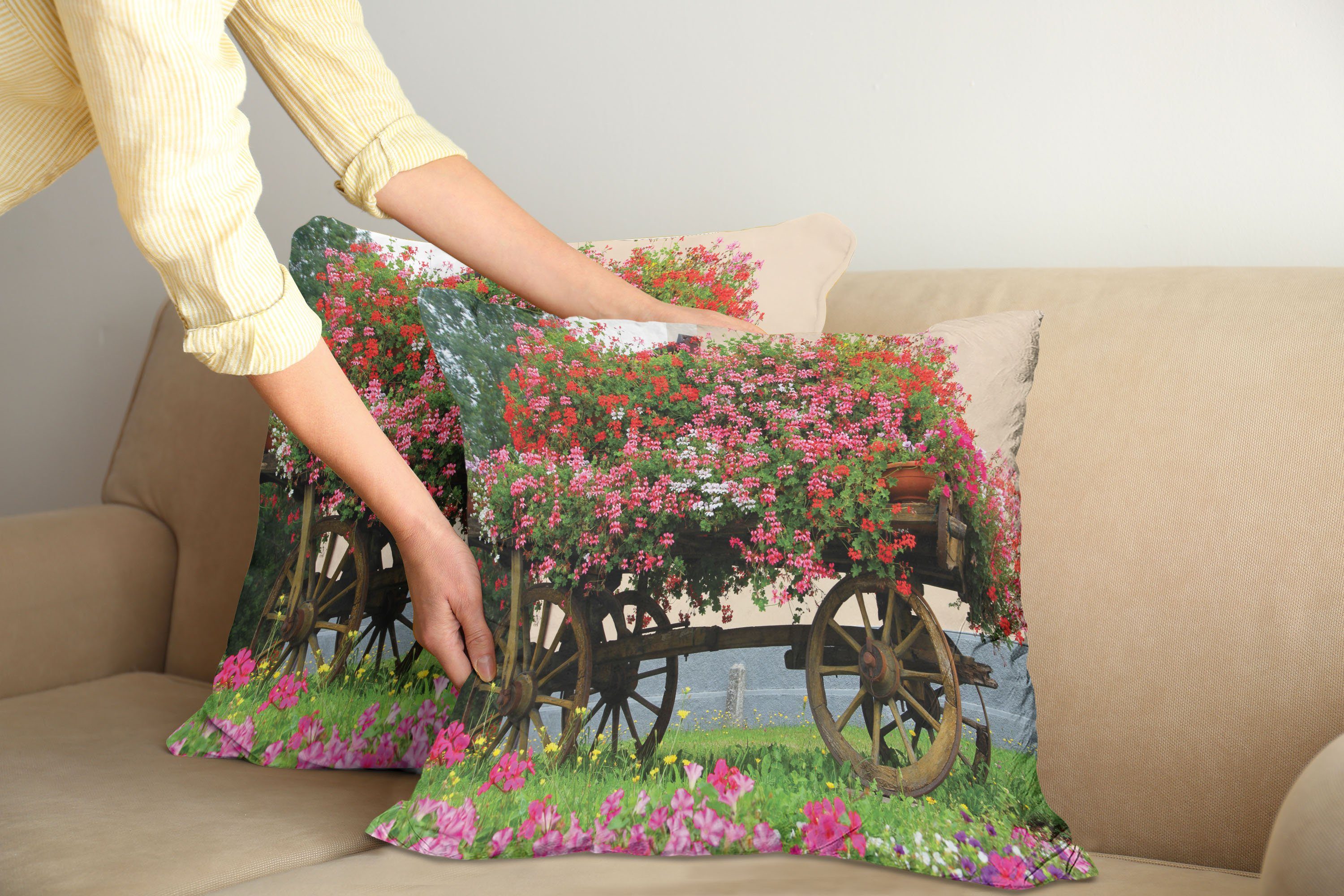 Modern Stück), in (2 Abakuhaus Holz Doppelseitiger Kissenbezüge Pelargonien Accent Blumen Wagon Digitaldruck,