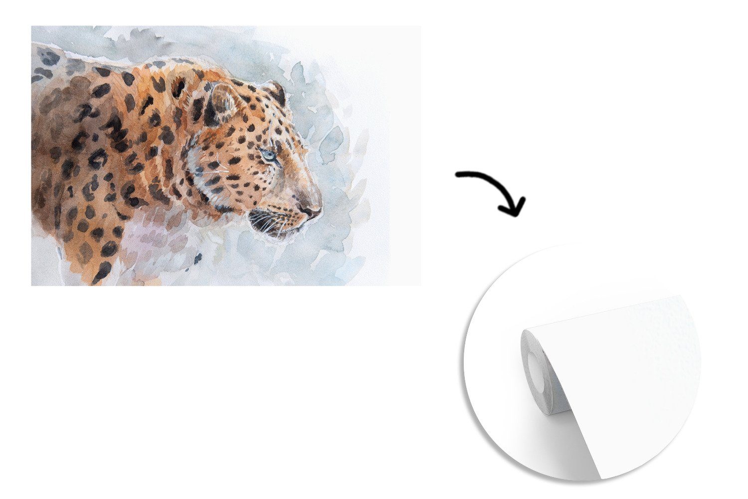 MuchoWow Fototapete Leopard - Aquarell - für Tapete Wohnzimmer, Wallpaper St), Schlafzimmer, (6 Matt, bedruckt, Vinyl Blau, Kinderzimmer