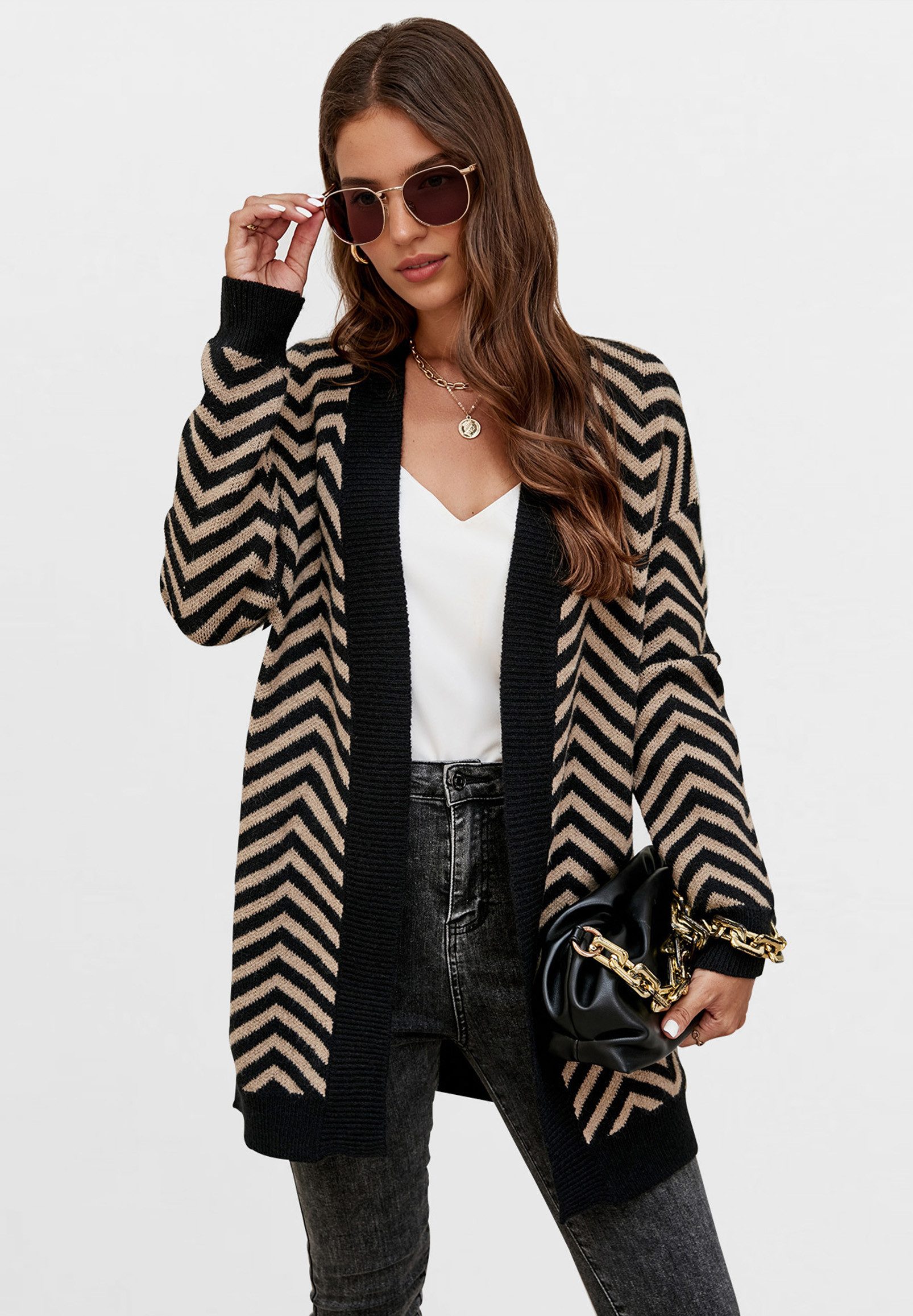 FS Collection Longstrickjacke Damen Longstrickjacke – Weicher, gemütlicher Cardigan mit Relax-Fit (Einheitsgröße: UK 8–16 / EU 36–44, 2 Farbe: Beige-Schwarz und Grau-Schwarz) 42 % Acryl, 28 % Nylon, 30 % Polyester