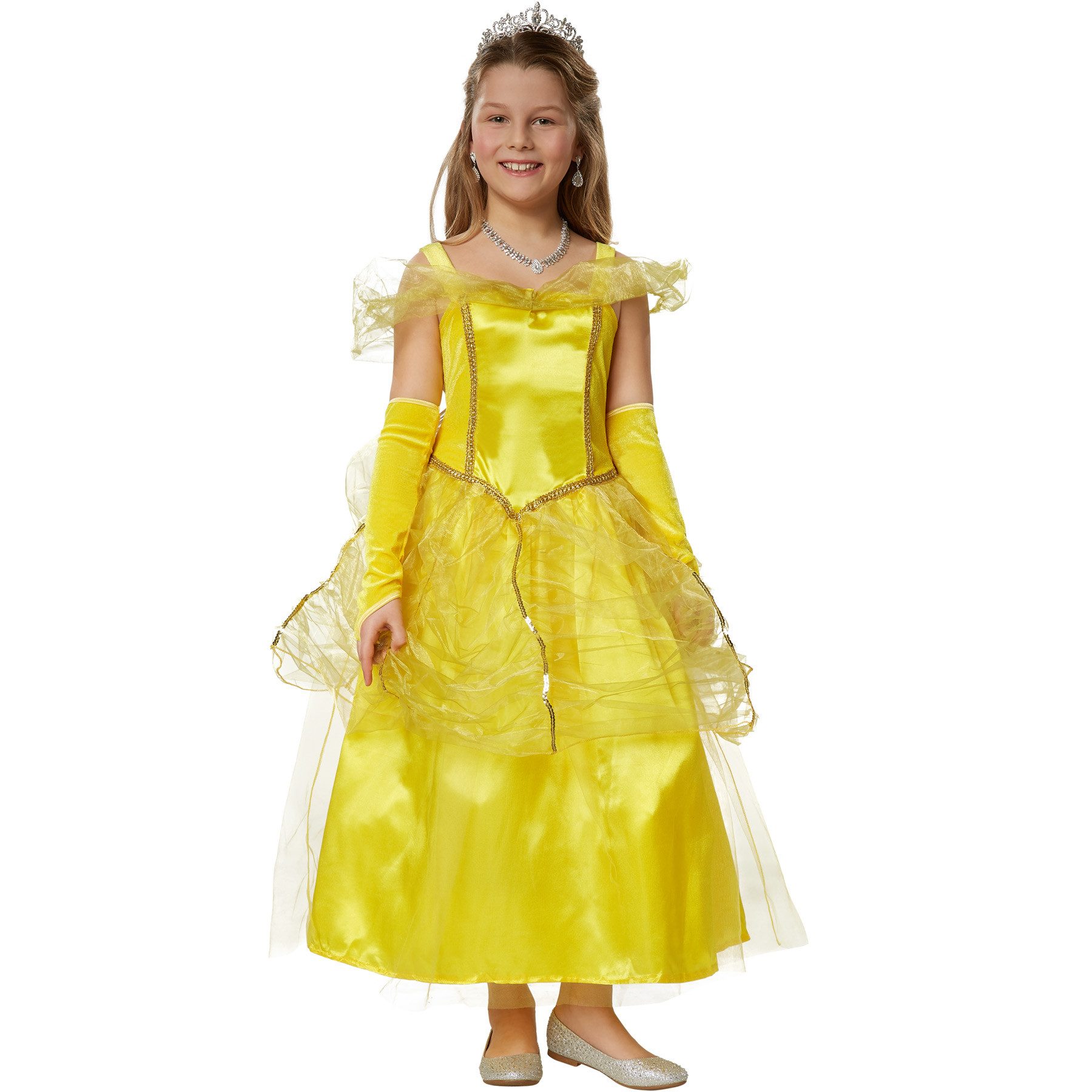 dressforfun Kostüm Prinzessin/Edelfrau, Gr. 140 (9-10 Jahre), Mit Tüll und Organza, in gelb, Mit langen Samt-Armstulpen, Eingenähter Unterrock mit Tüll
