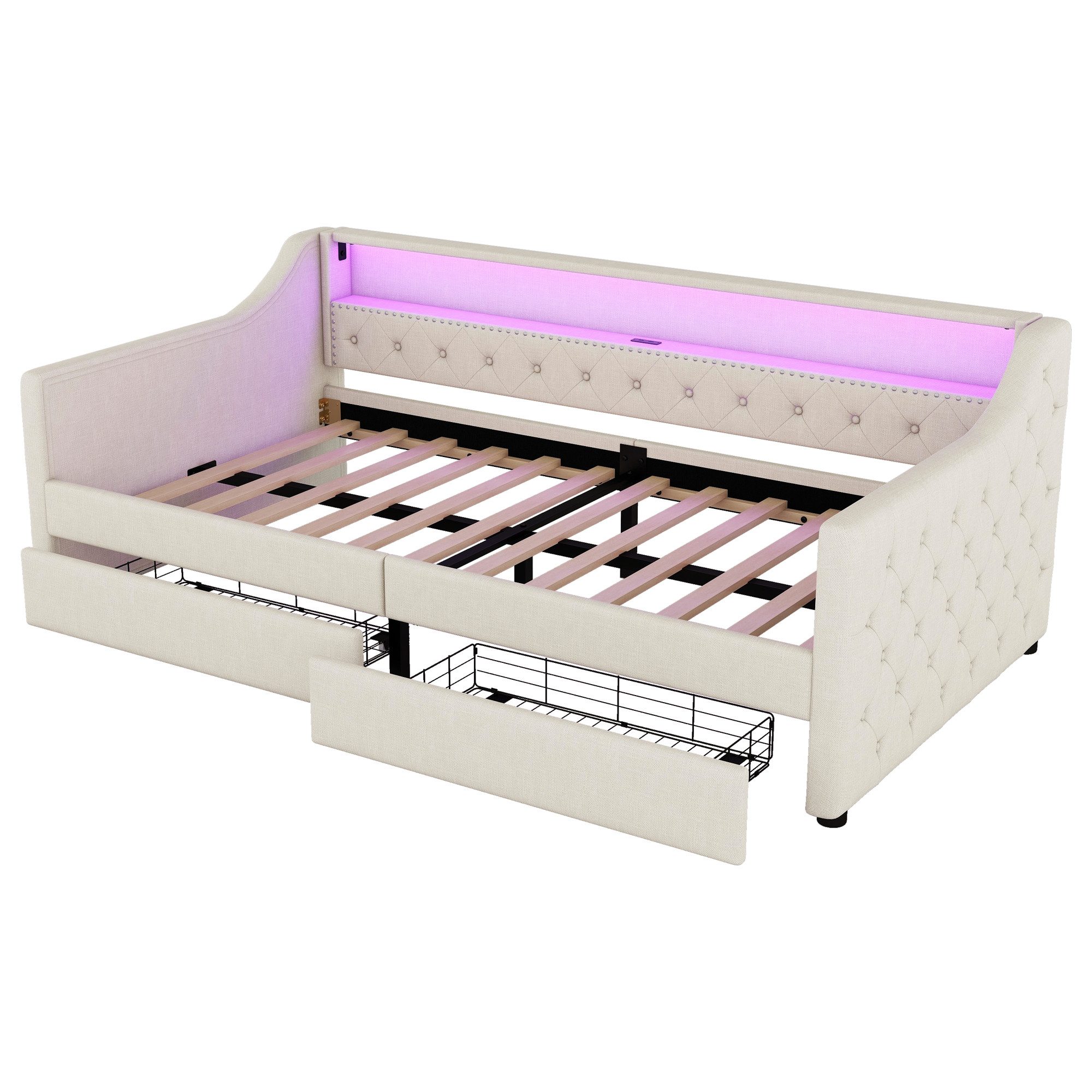 SOFTWEARY Schlafsofa mit LED-Beleuchtung, 90x200cm, mit 2 Schubladen, Polsterbett mit Lattenrost, Einzelbett, Jugendbett, Bezug aus Leinen